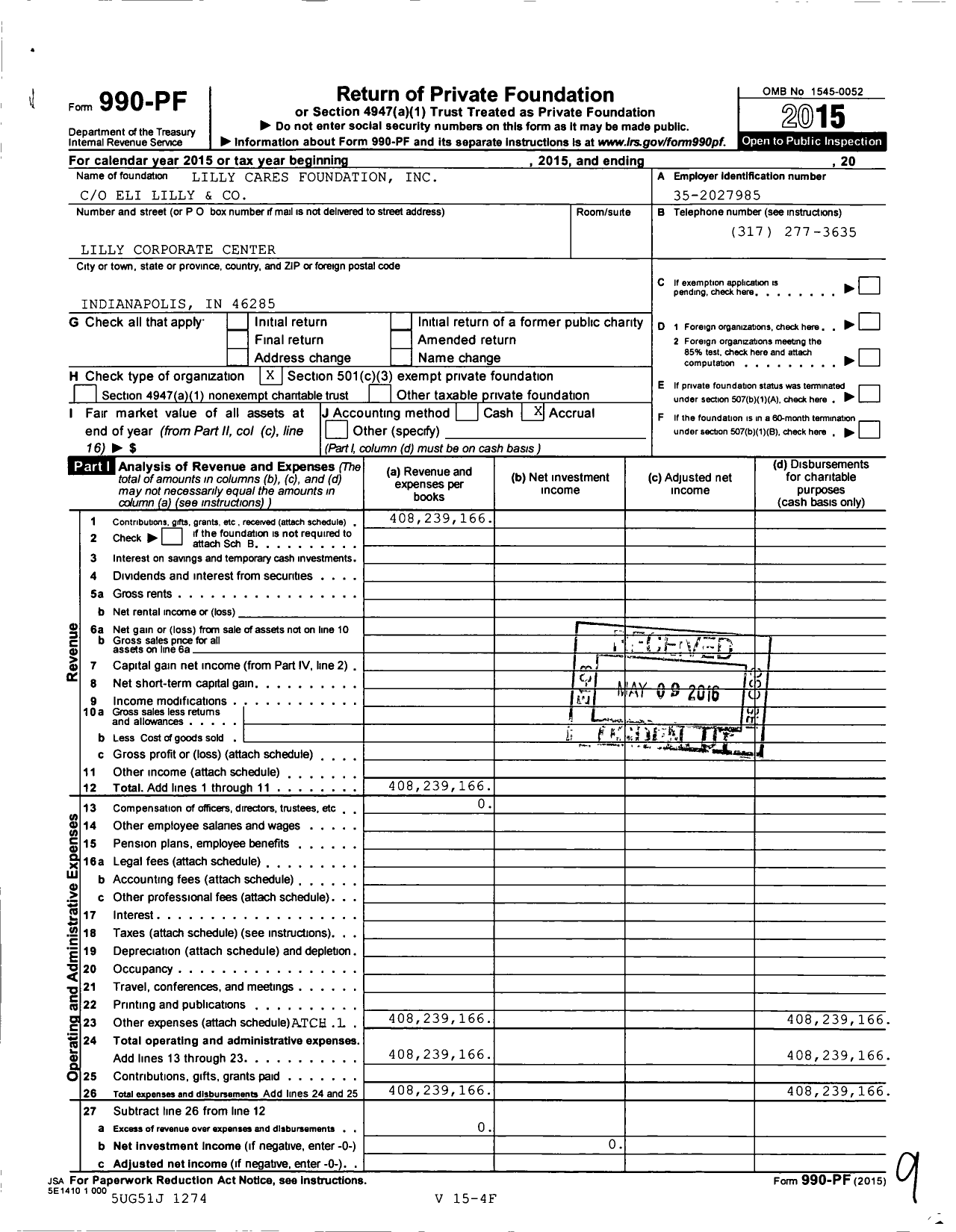 Image of first page of 2015 Form 990PF for Lilly Cares Foundation