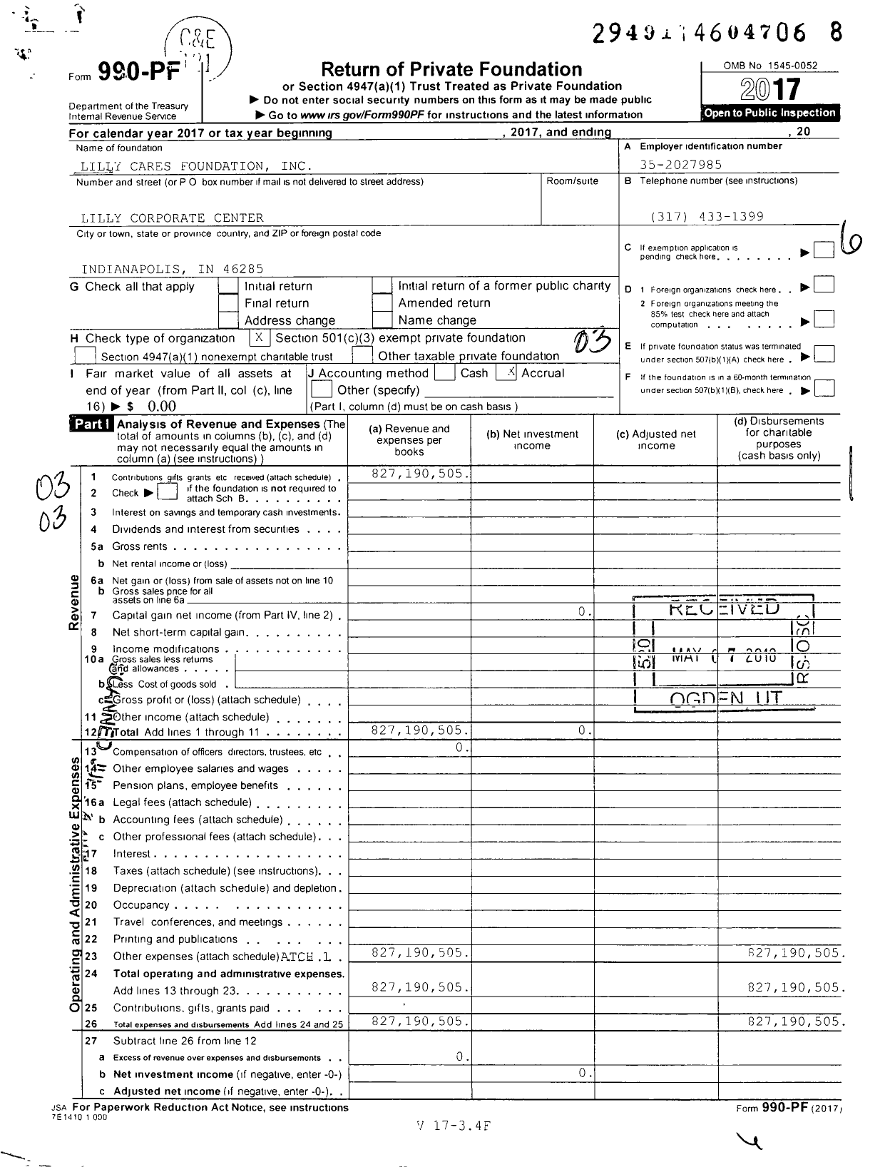 Image of first page of 2017 Form 990PF for Lilly Cares Foundation