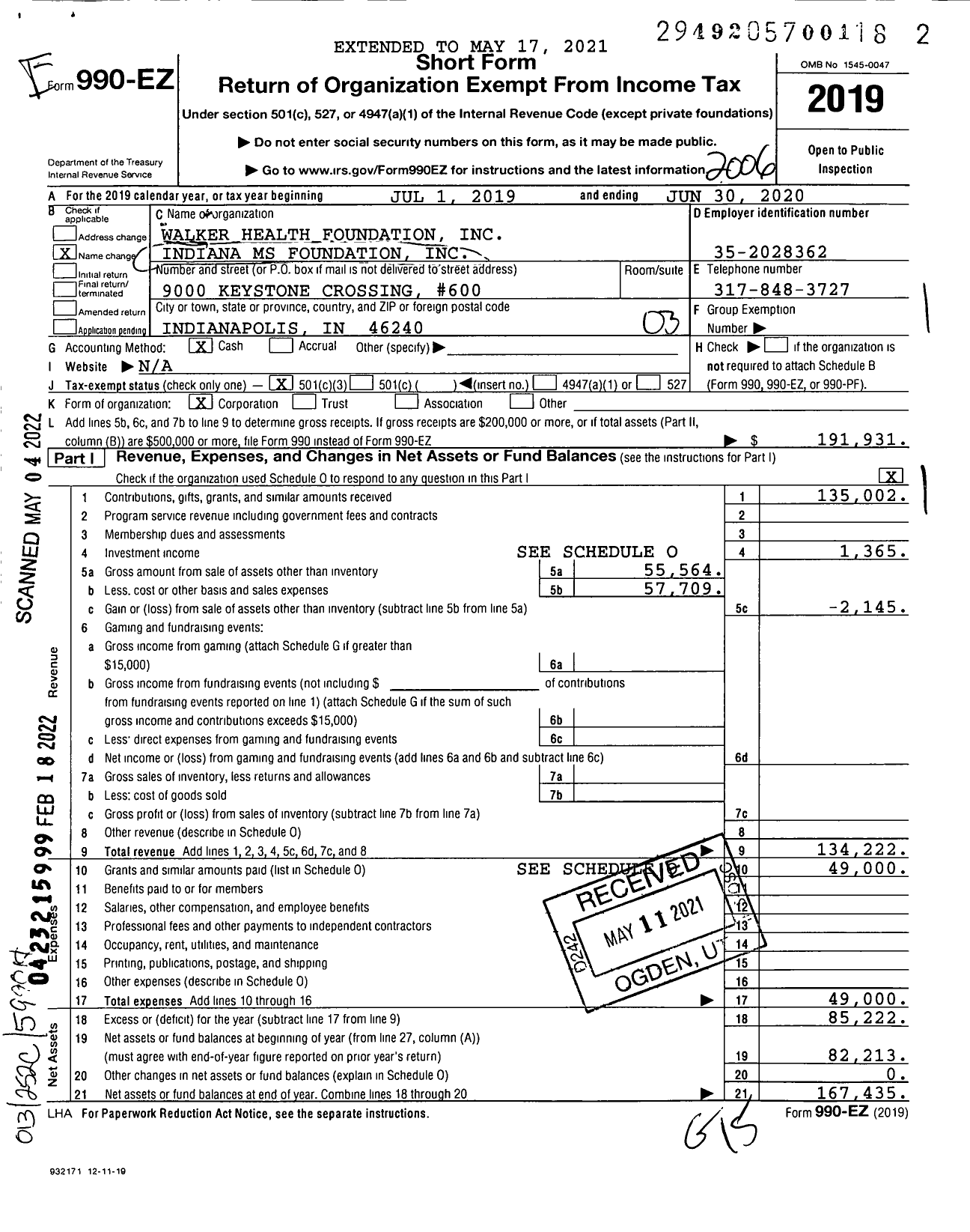 Image of first page of 2019 Form 990EZ for Walker Health Foundation