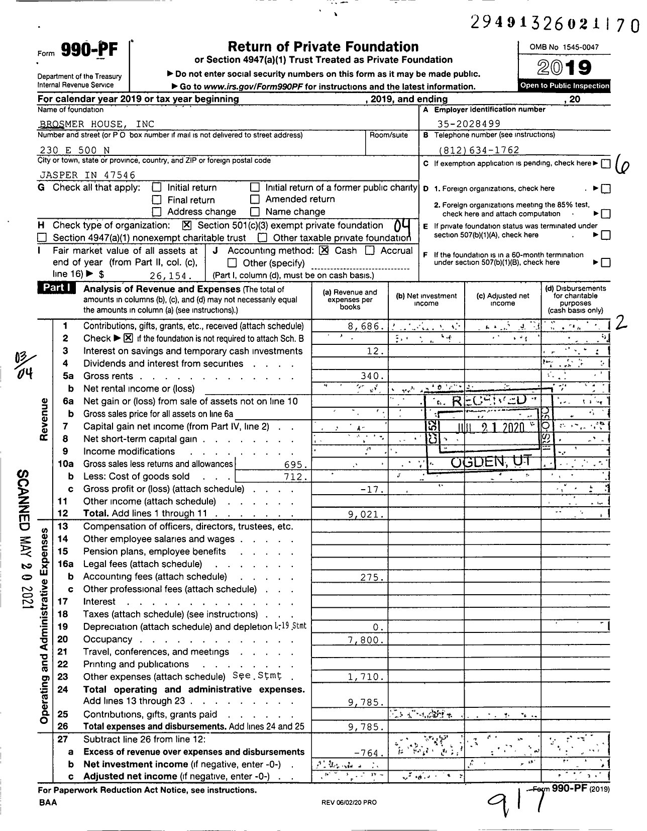 Image of first page of 2019 Form 990PF for Brosmer House