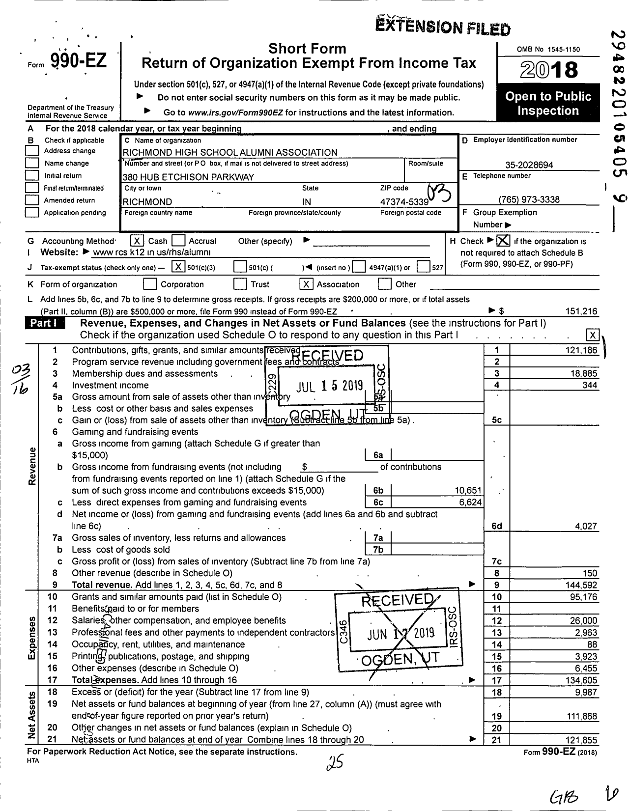 Image of first page of 2018 Form 990EZ for Richmond High School Alumni Association