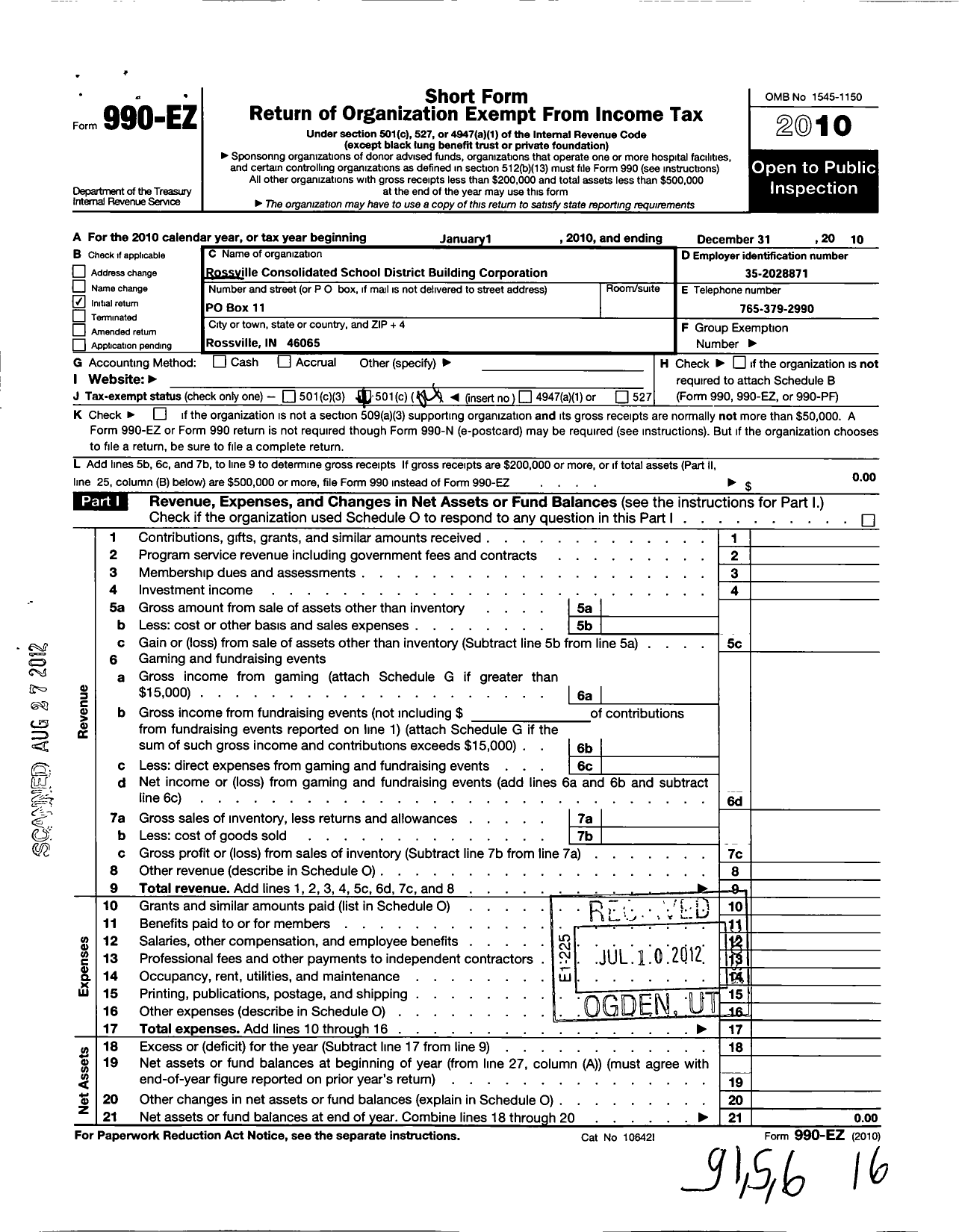 Image of first page of 2010 Form 990EO for Rossville Consolidated School District Building Corporation