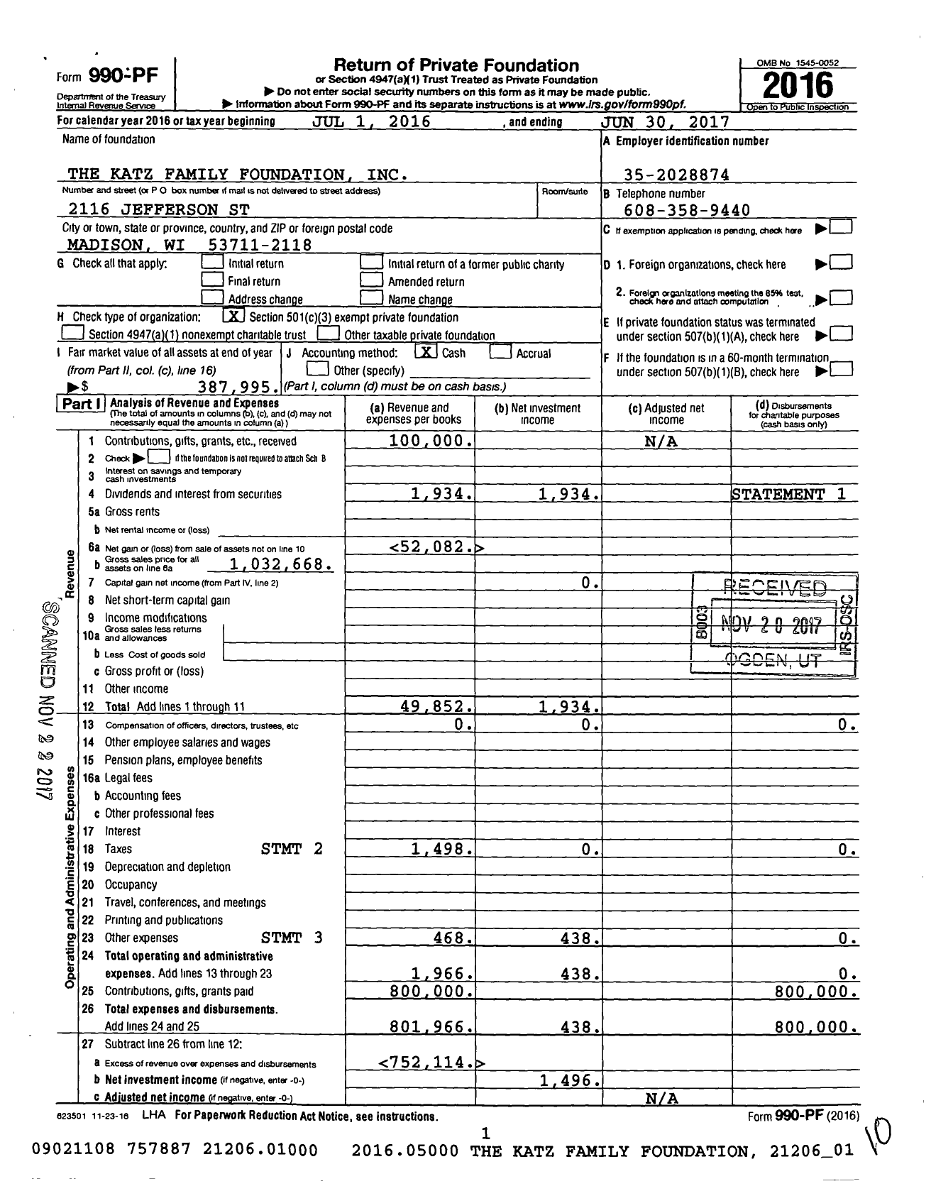Image of first page of 2016 Form 990PF for The Katz Family Foundation