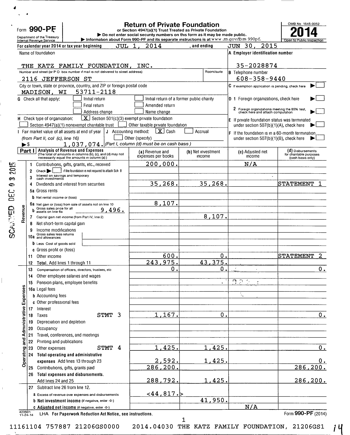 Image of first page of 2014 Form 990PF for The Katz Family Foundation