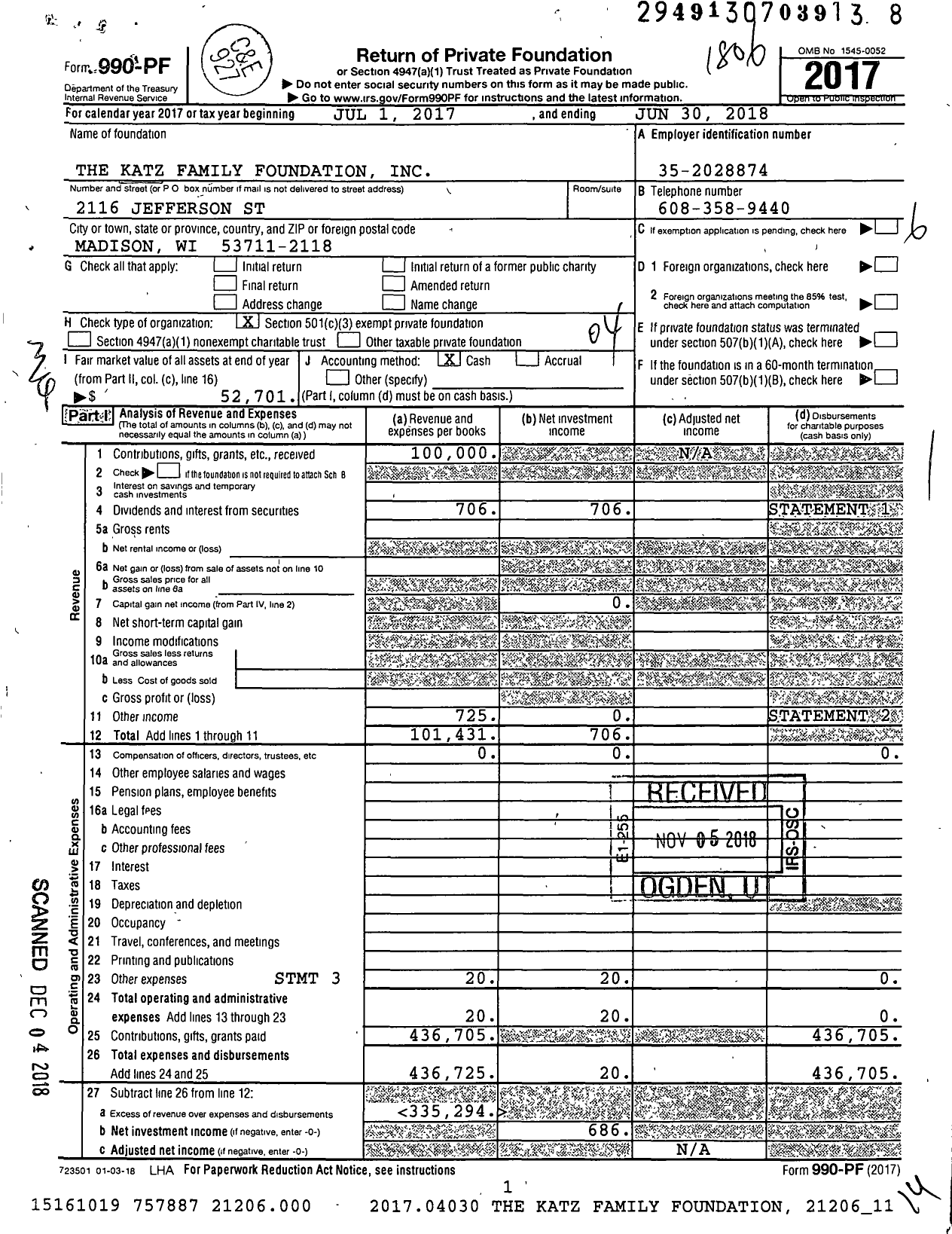 Image of first page of 2017 Form 990PF for The Katz Family Foundation