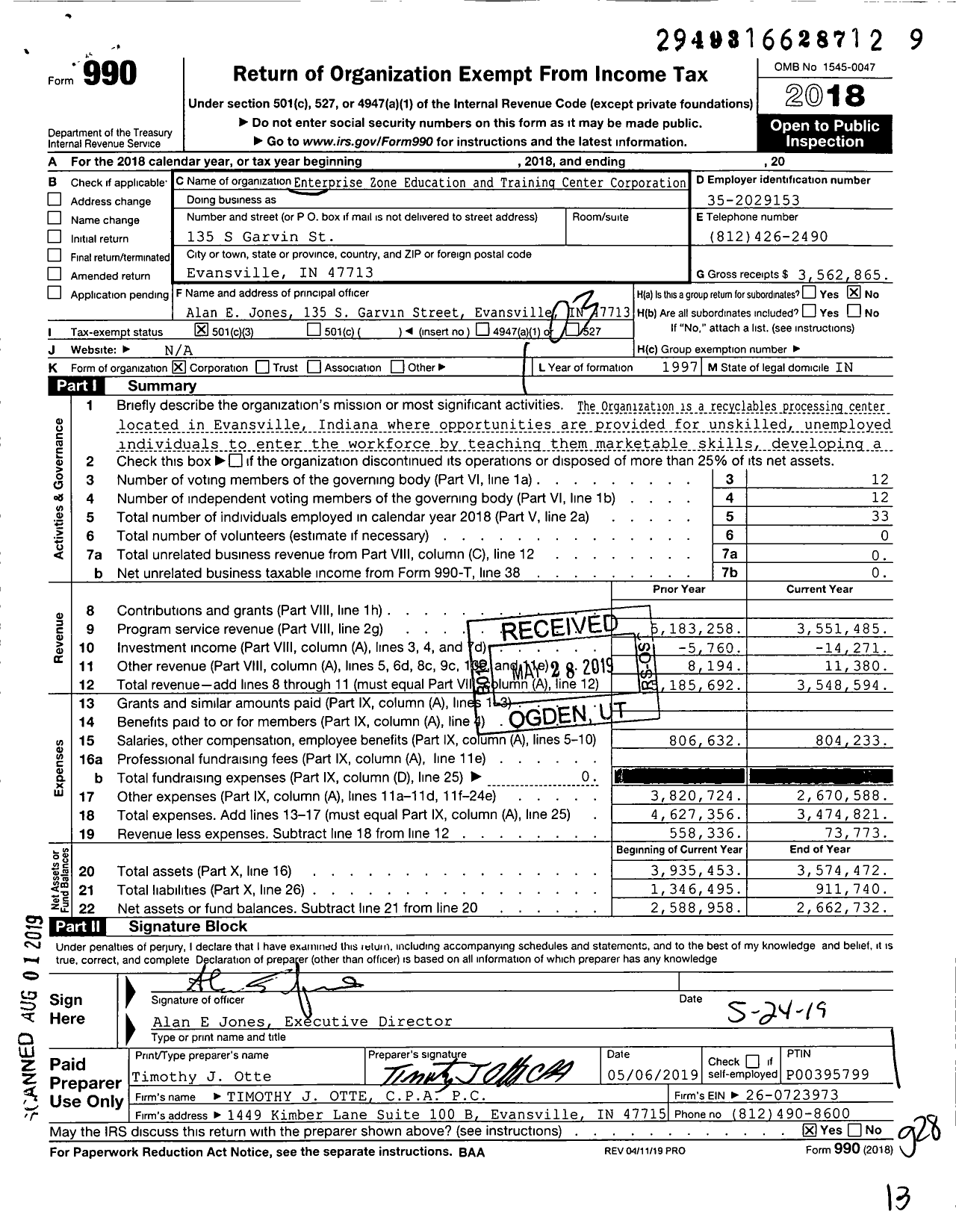 Image of first page of 2018 Form 990 for Tri-State Resource Recovery