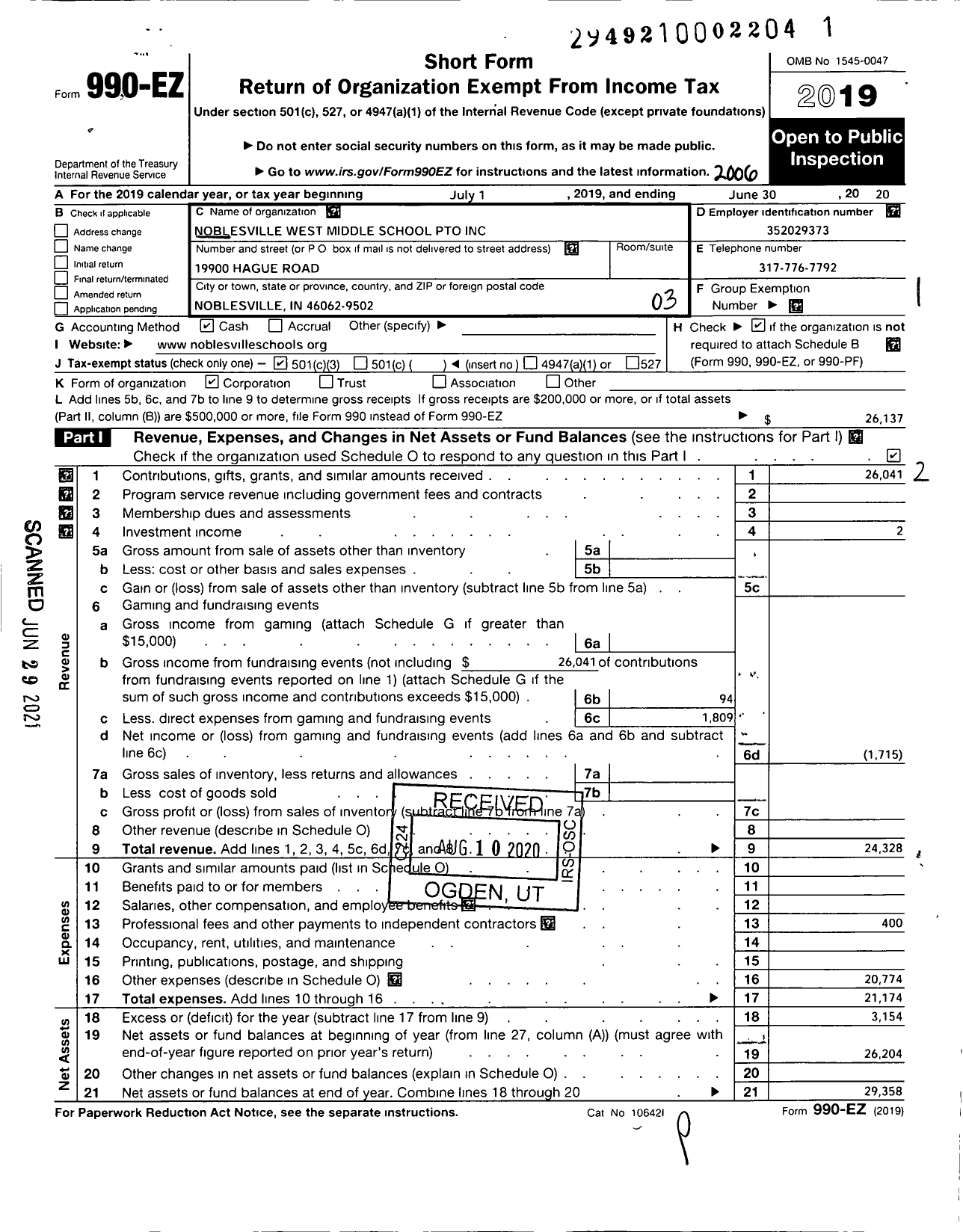 Image of first page of 2019 Form 990EZ for Noblesville West Middle School Pto