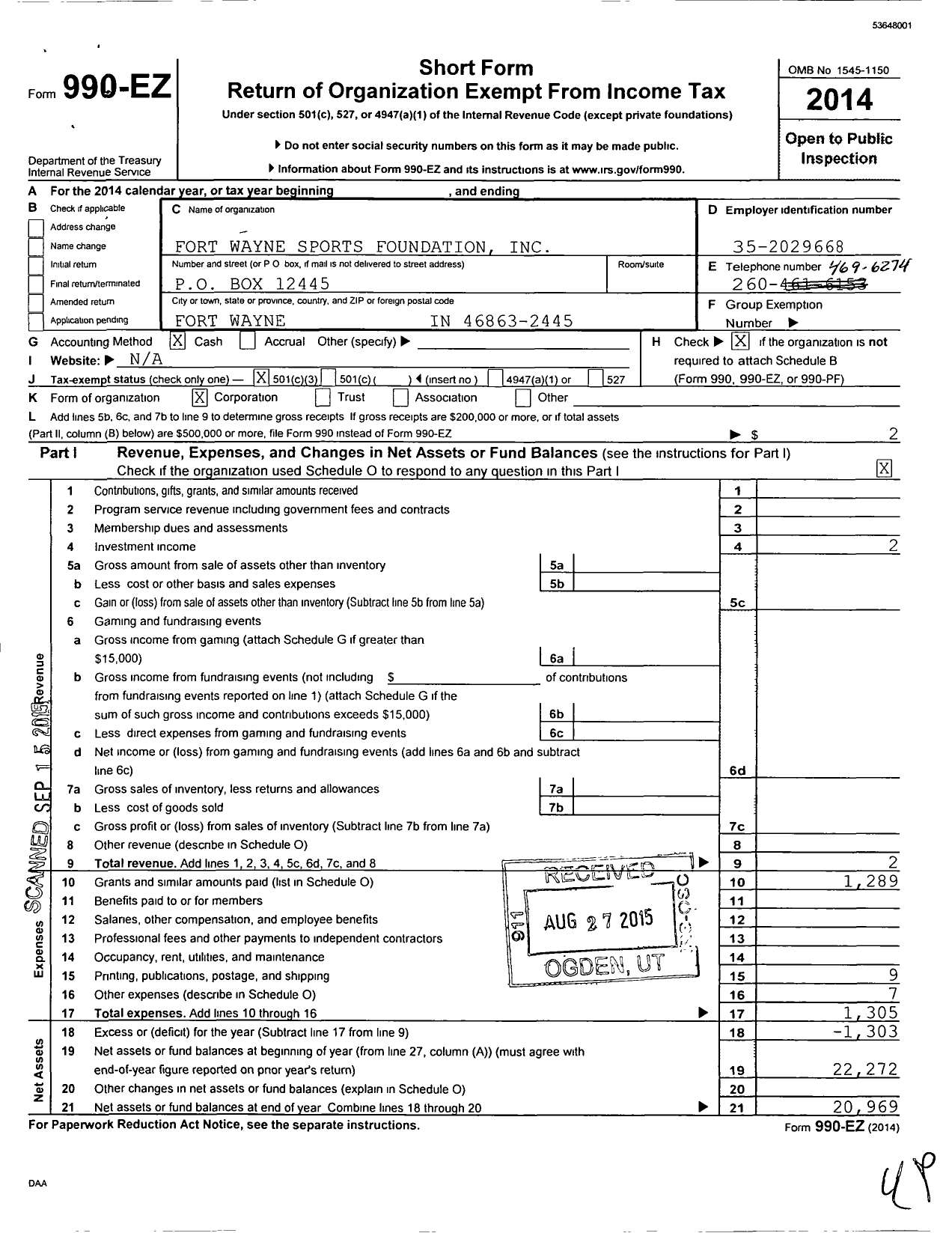 Image of first page of 2014 Form 990EZ for Fort Wayne Sports Foundation