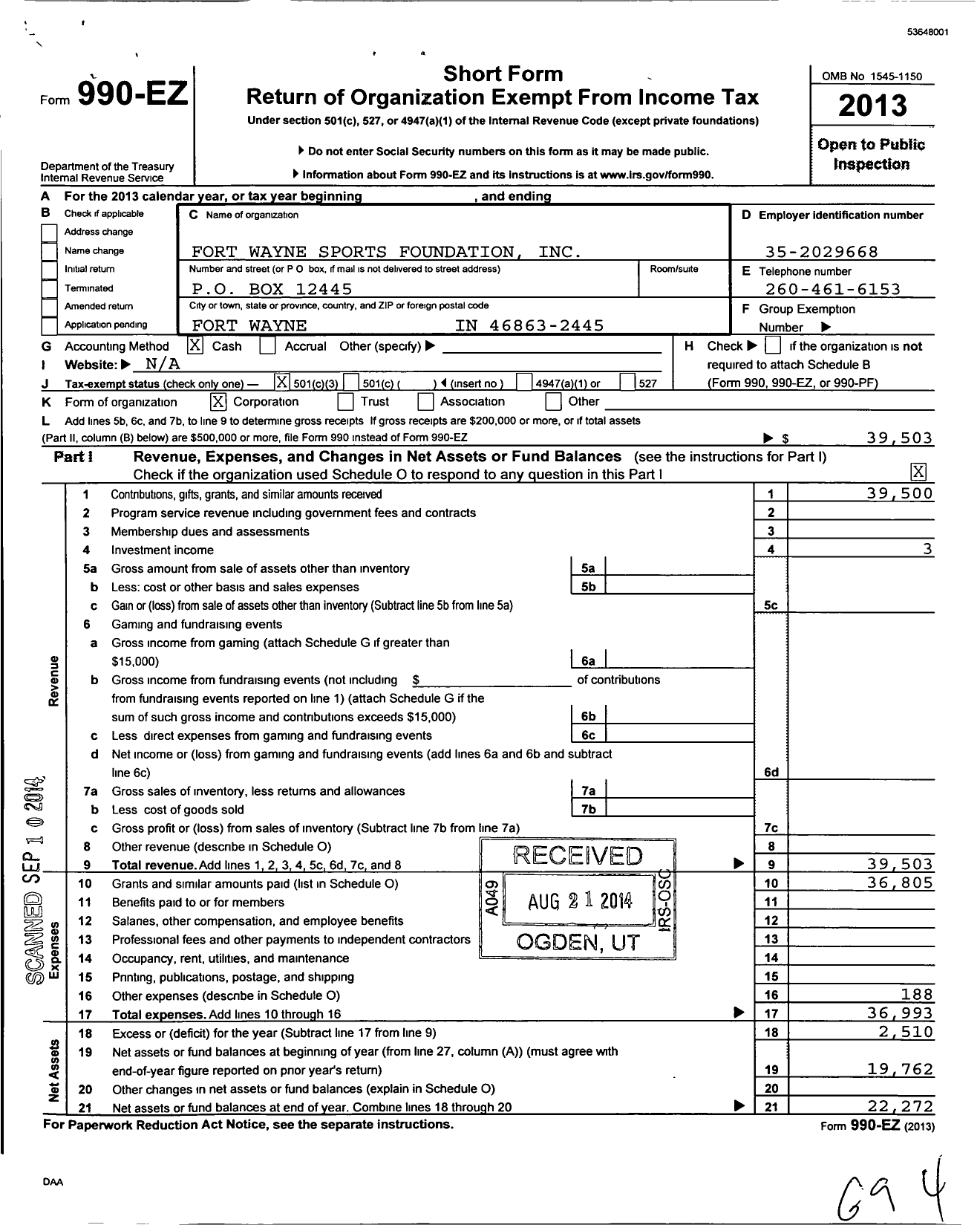 Image of first page of 2013 Form 990EZ for Fort Wayne Sports Foundation