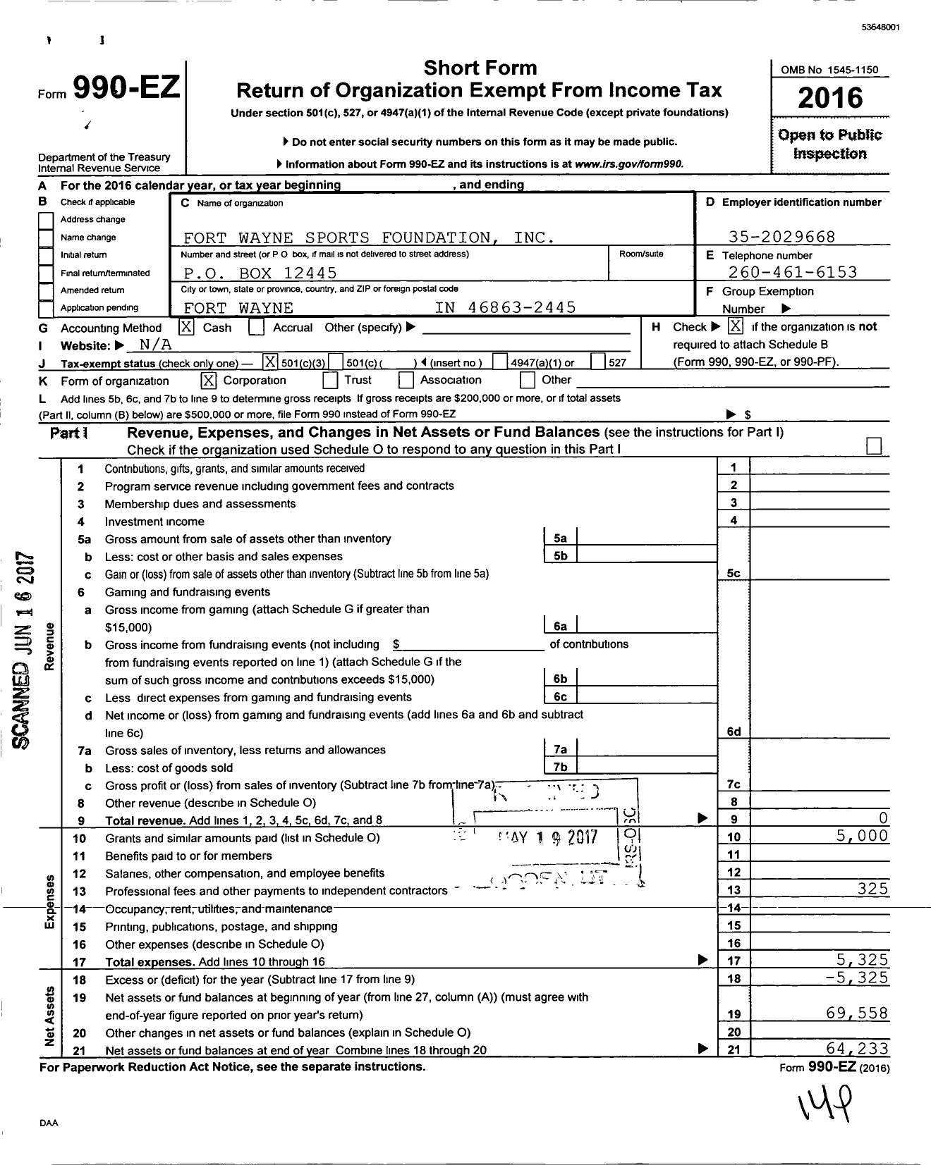 Image of first page of 2016 Form 990EZ for Fort Wayne Sports Foundation