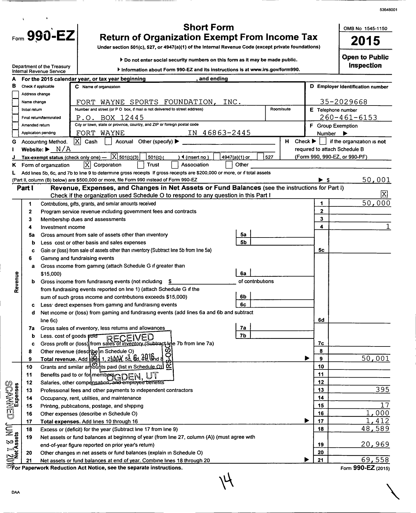 Image of first page of 2015 Form 990EZ for Fort Wayne Sports Foundation