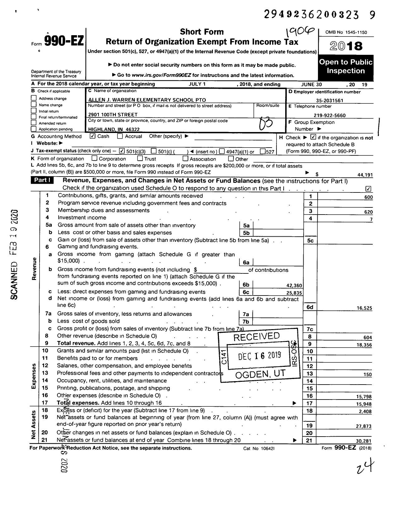 Image of first page of 2018 Form 990EZ for Allen J Warren Elementary School Pto