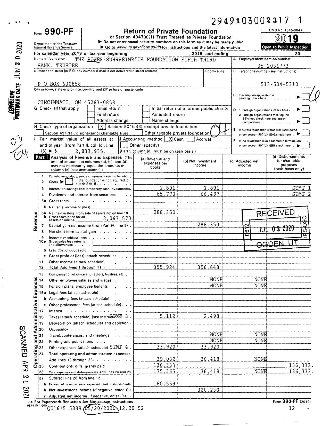 Image of first page of 2019 Form 990PF for The Bower-Suhrheinrich Foundation Fifth Third