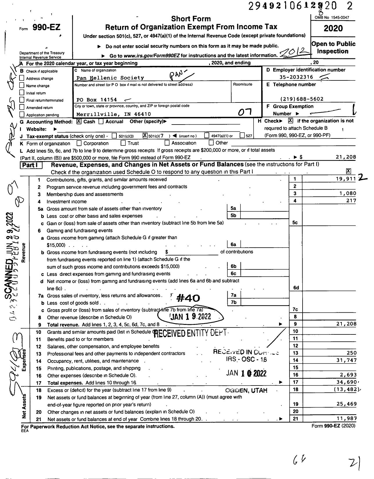 Image of first page of 2020 Form 990EO for Pan Hellenic Society