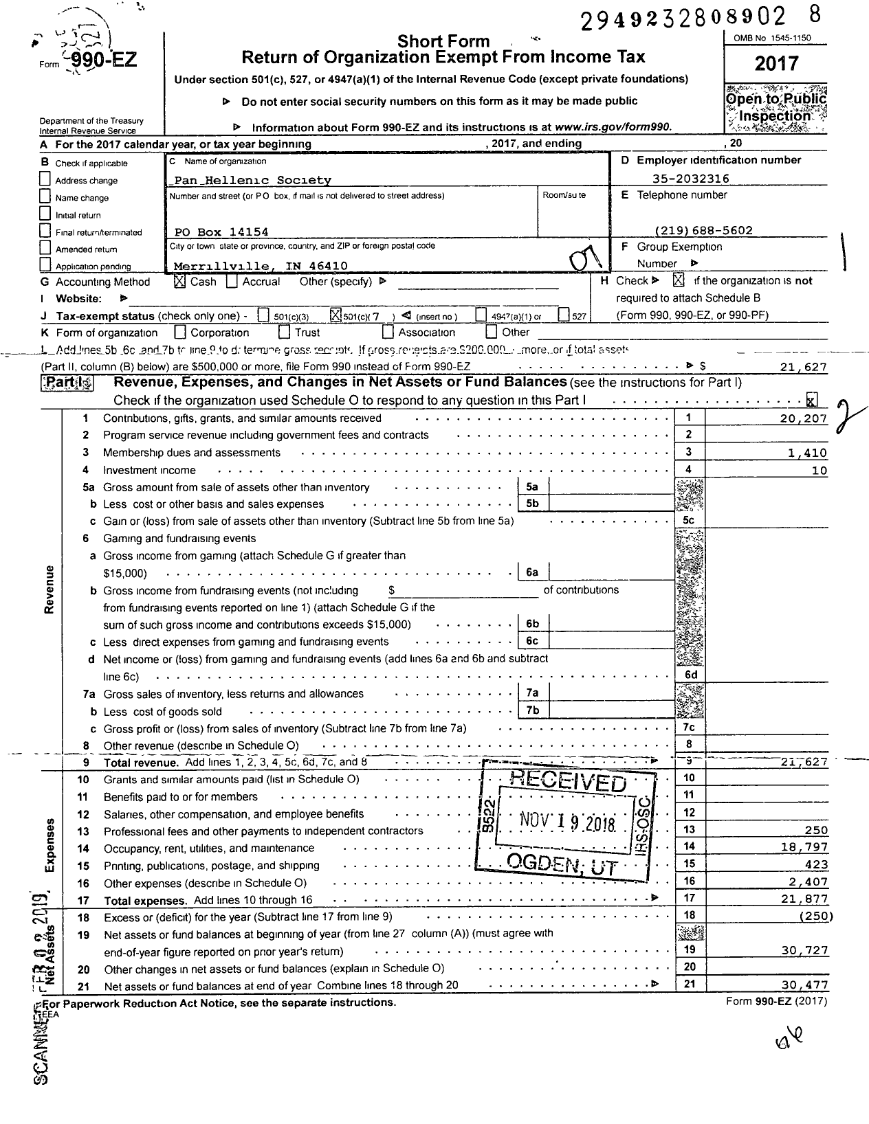 Image of first page of 2017 Form 990EO for Pan Hellenic Society