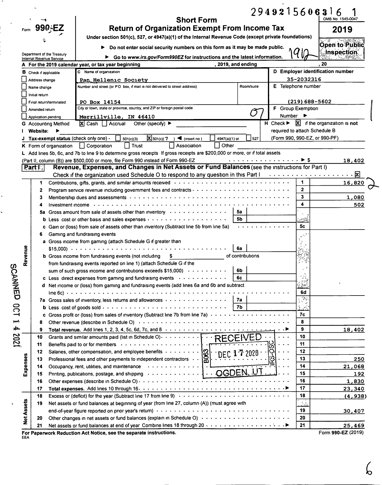 Image of first page of 2019 Form 990EO for Pan Hellenic Society