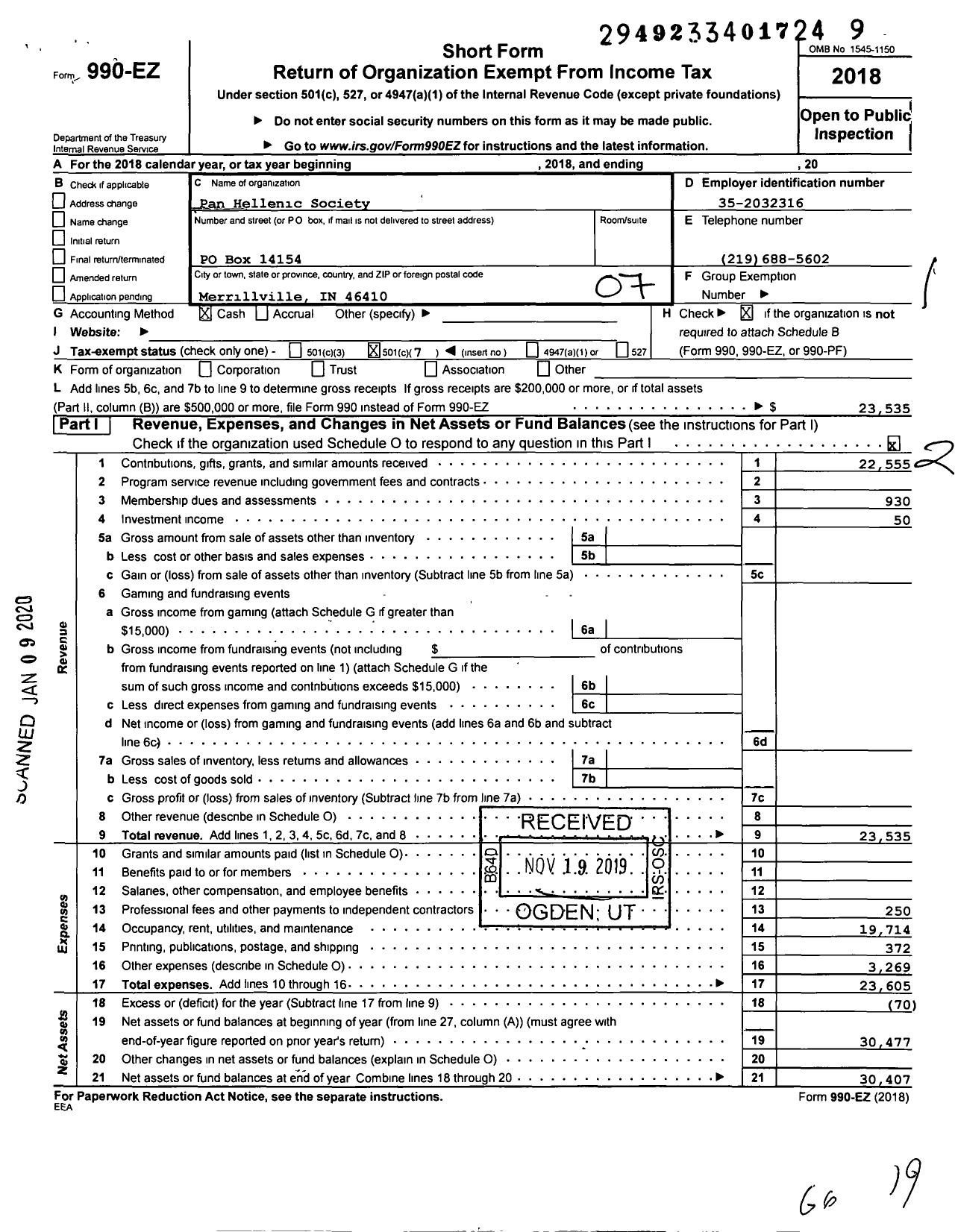 Image of first page of 2018 Form 990EO for Pan Hellenic Society