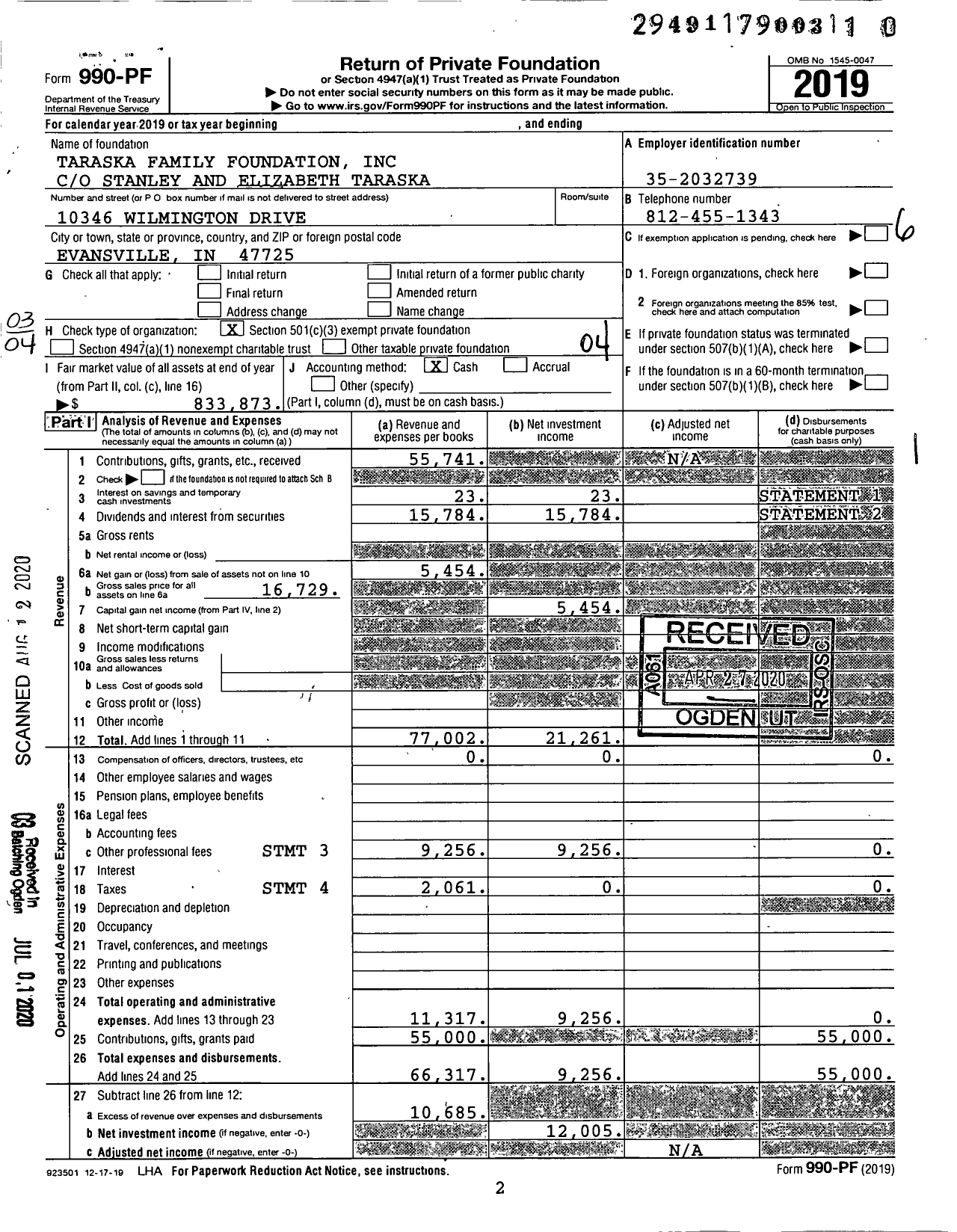 Image of first page of 2019 Form 990PR for Taraska Family Foundation