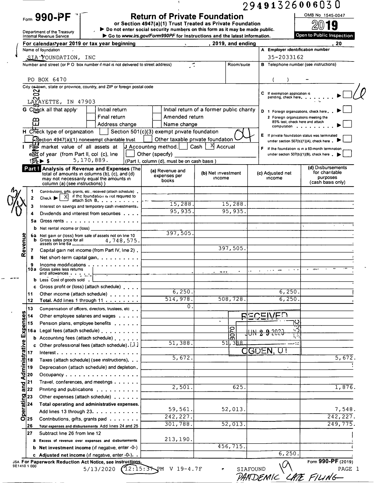 Image of first page of 2019 Form 990PF for Sia Foundation