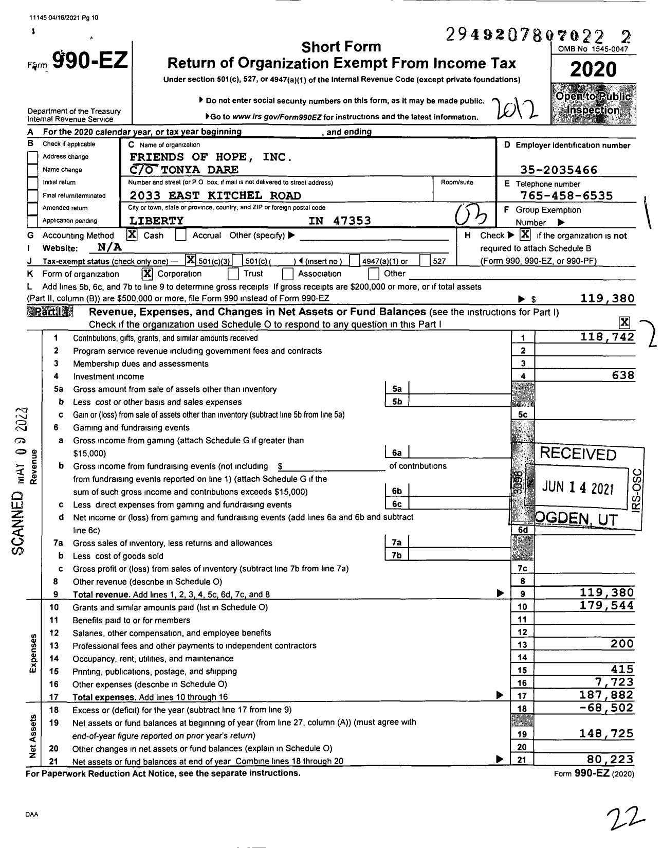 Image of first page of 2020 Form 990EZ for Friends of Hope