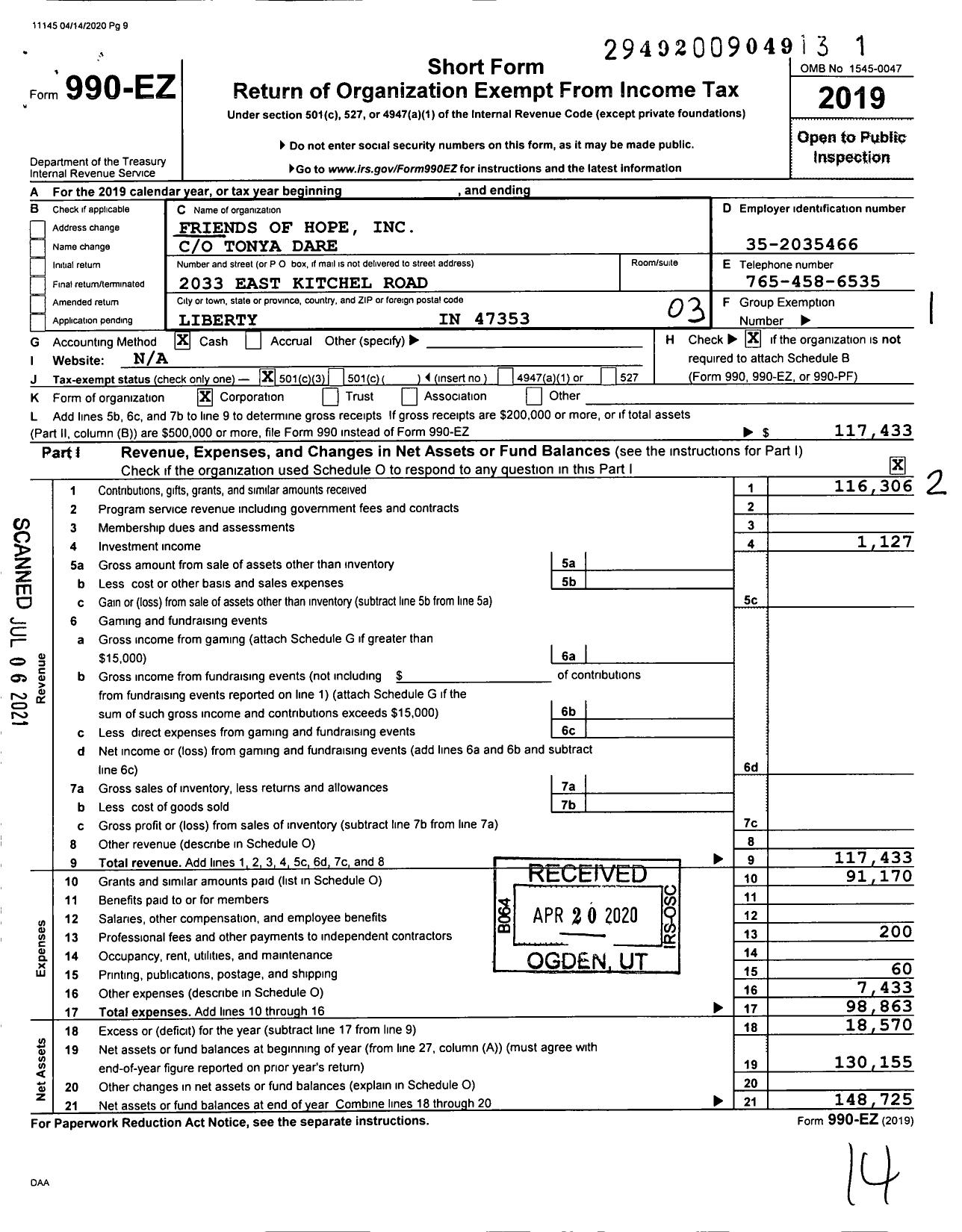 Image of first page of 2019 Form 990EZ for Friends of Hope