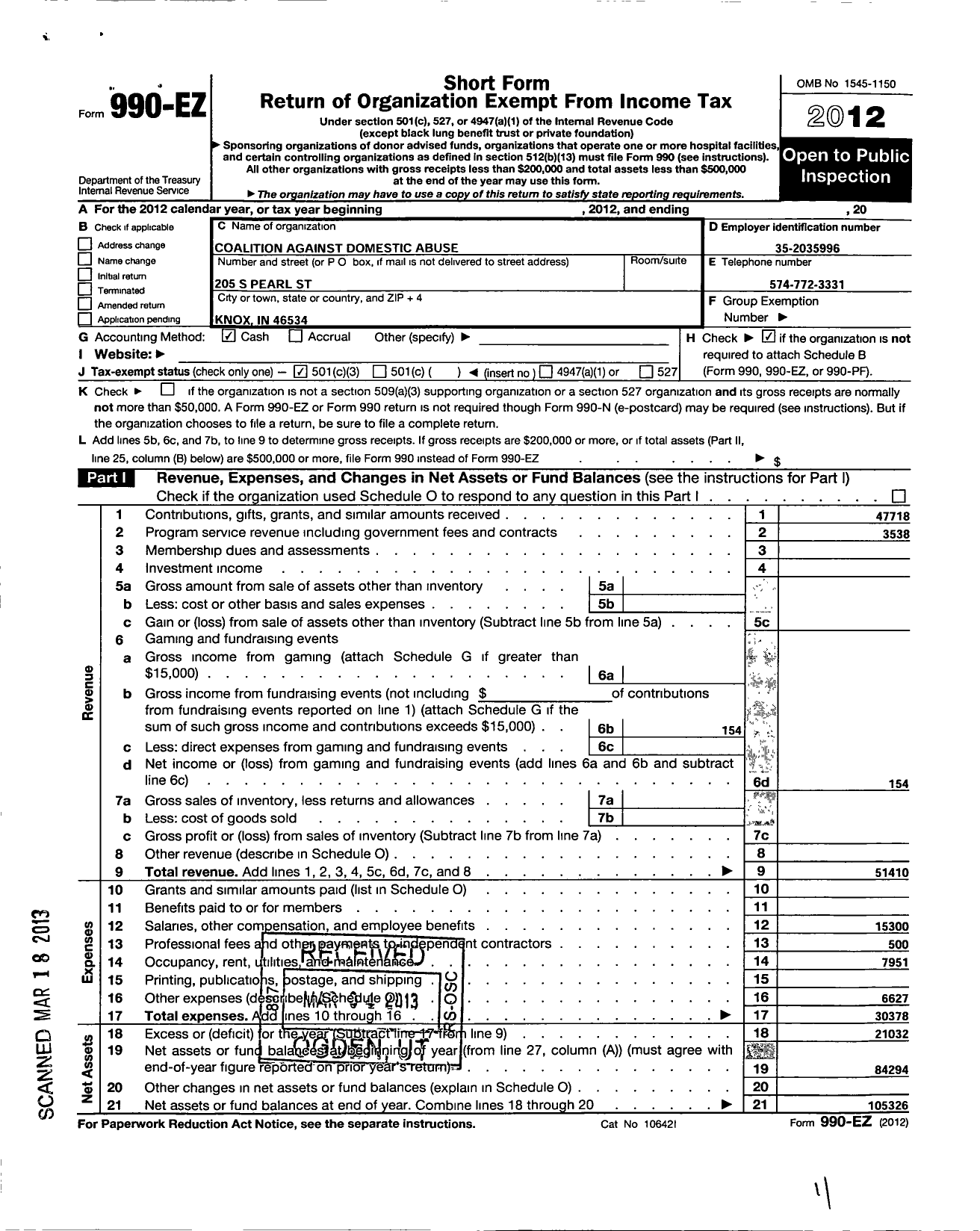 Image of first page of 2012 Form 990EZ for Coalition Against Domestic Abuse