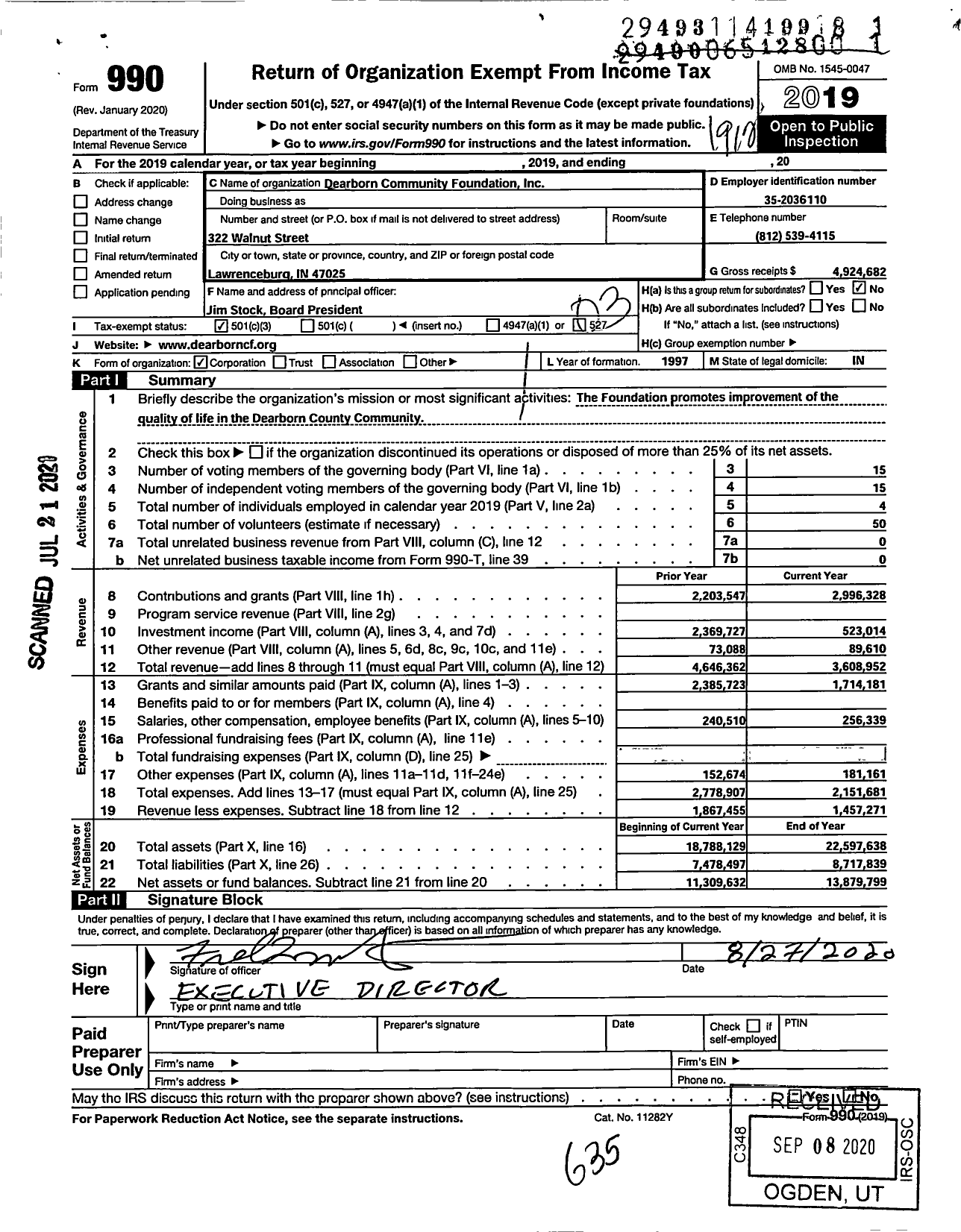 Image of first page of 2019 Form 990 for Dearborn Community Foundation (DCF)