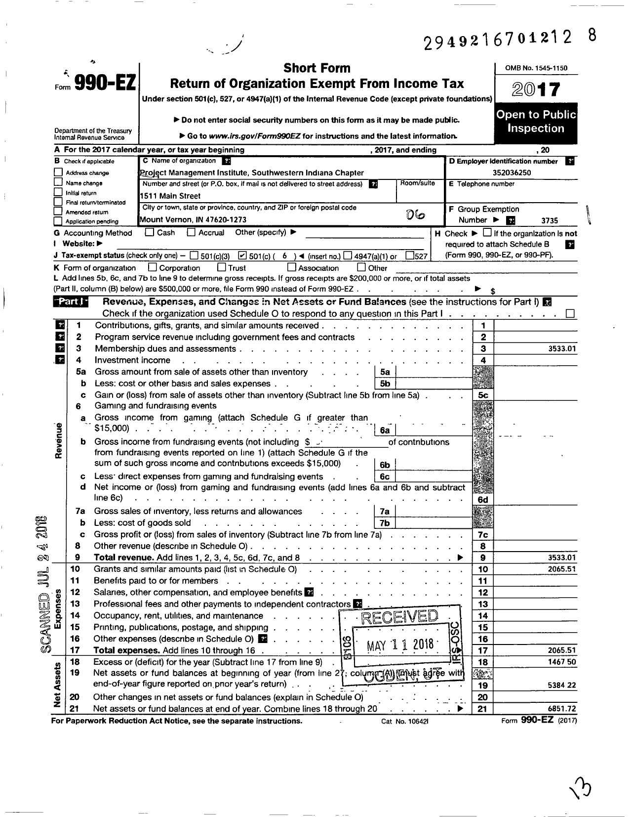 Image of first page of 2017 Form 990EO for Project Management Institute / Southwestern Indiana Pmi Chapter