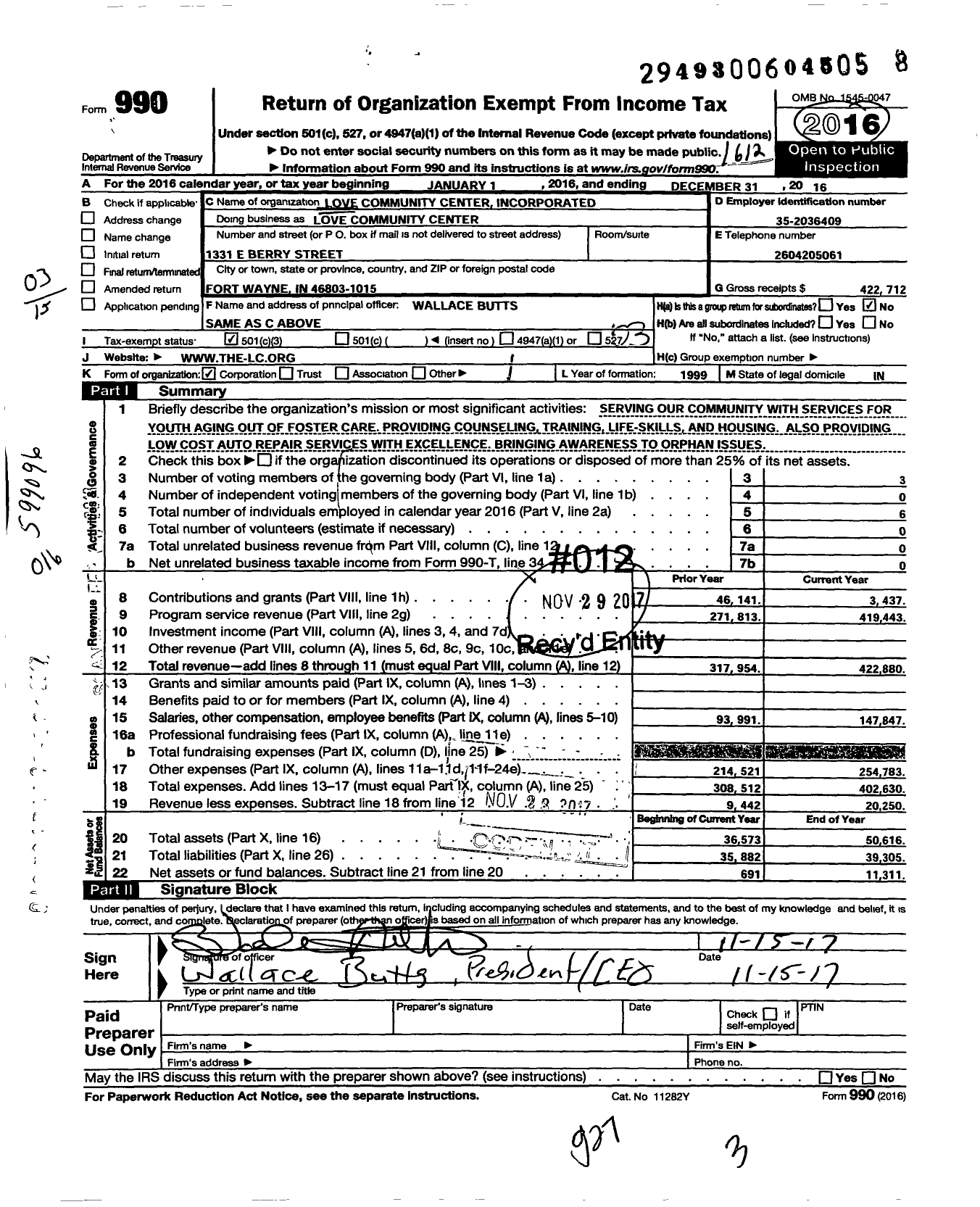 Image of first page of 2016 Form 990 for Love Community Center Incorporated