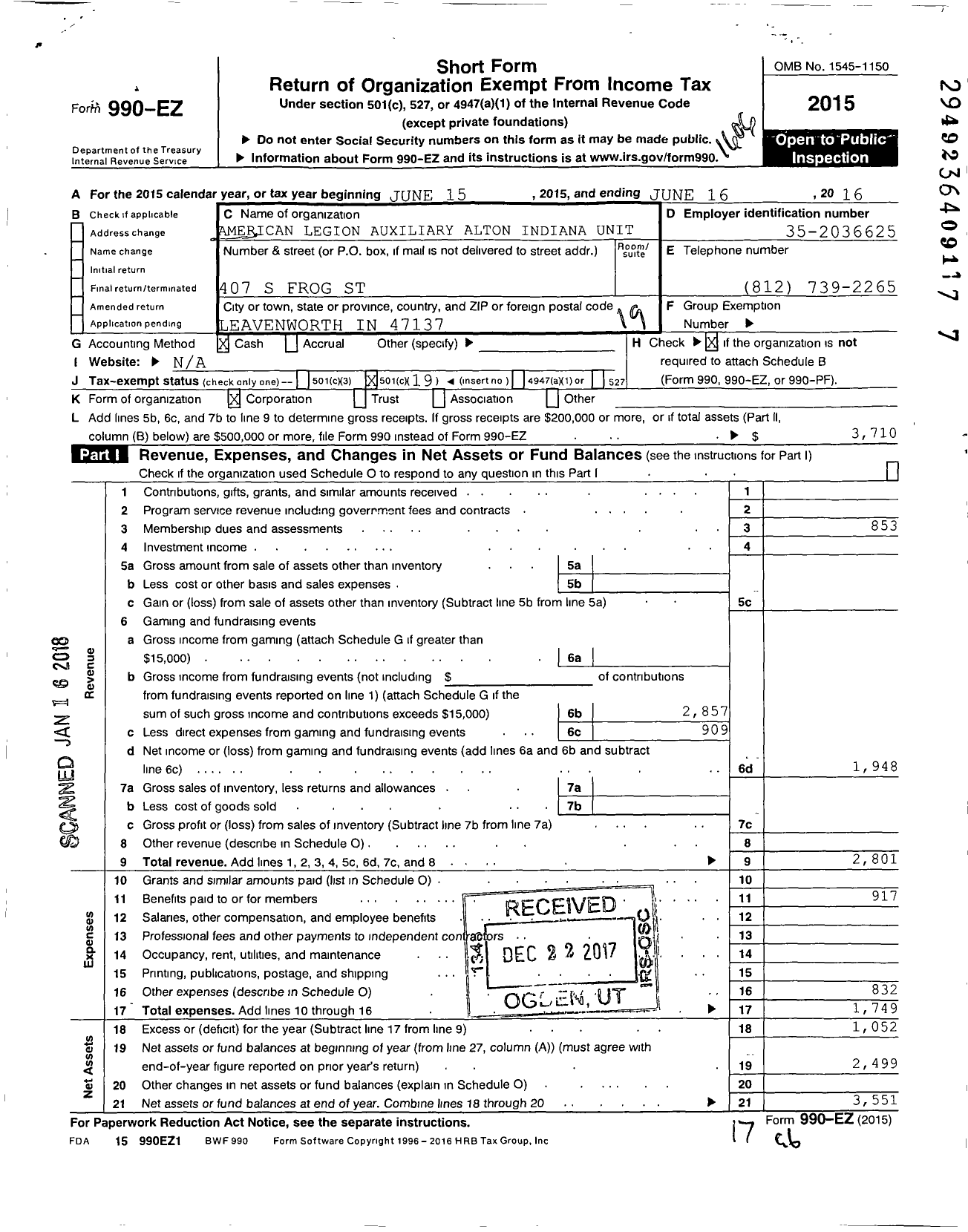 Image of first page of 2015 Form 990EO for American Legion Auxiliary Alton Indiana Unit No 1388 8th District