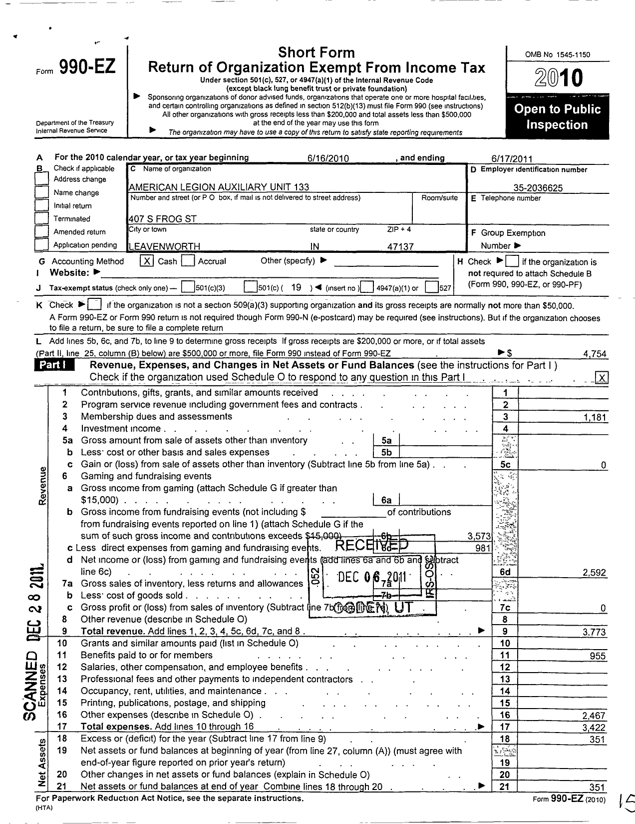 Image of first page of 2010 Form 990EO for American Legion Auxiliary Alton Indiana Unit No 1388 8th District