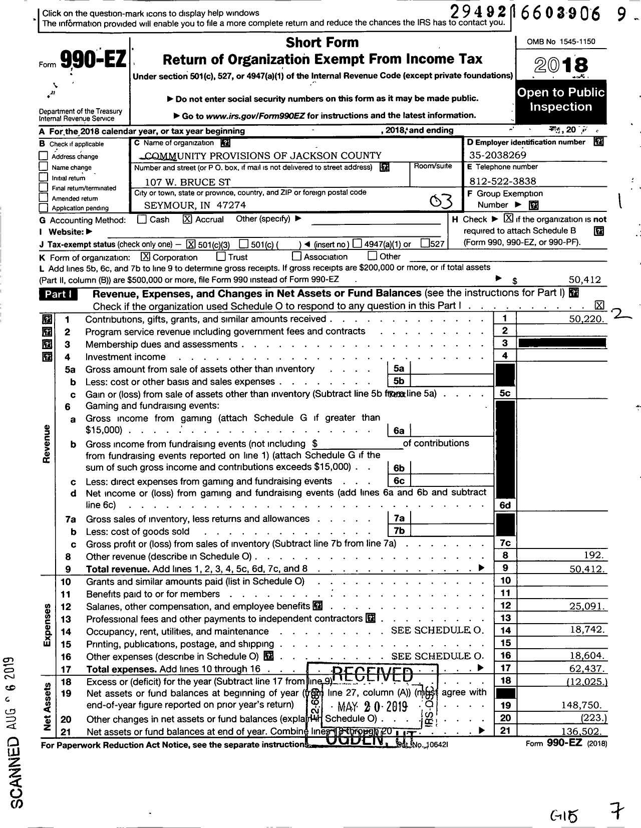 Image of first page of 2018 Form 990EZ for Community Provision of Jackson County