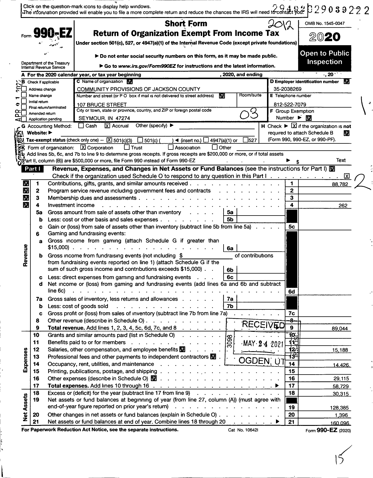 Image of first page of 2020 Form 990EZ for Community Provision of Jackson County