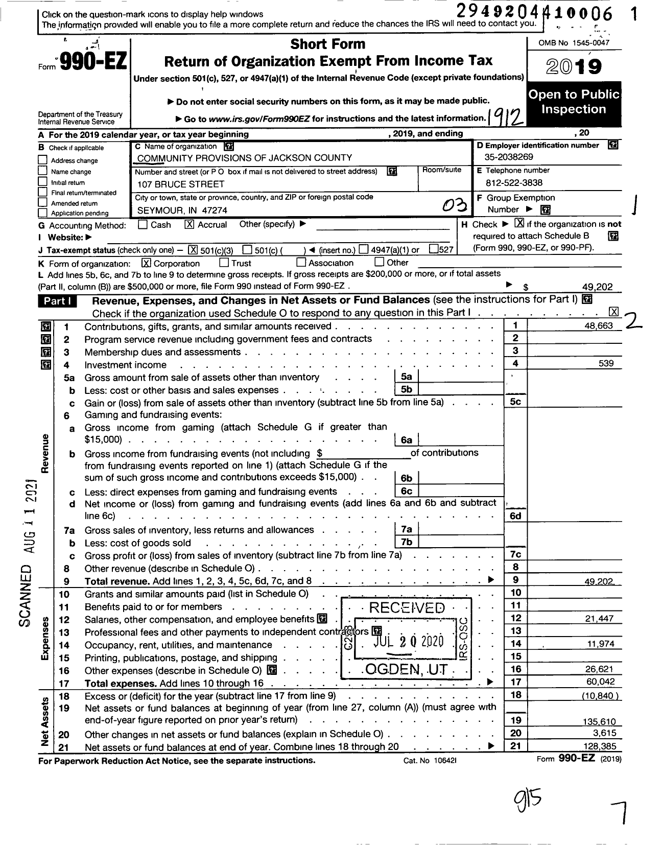 Image of first page of 2019 Form 990EZ for Community Provision of Jackson County