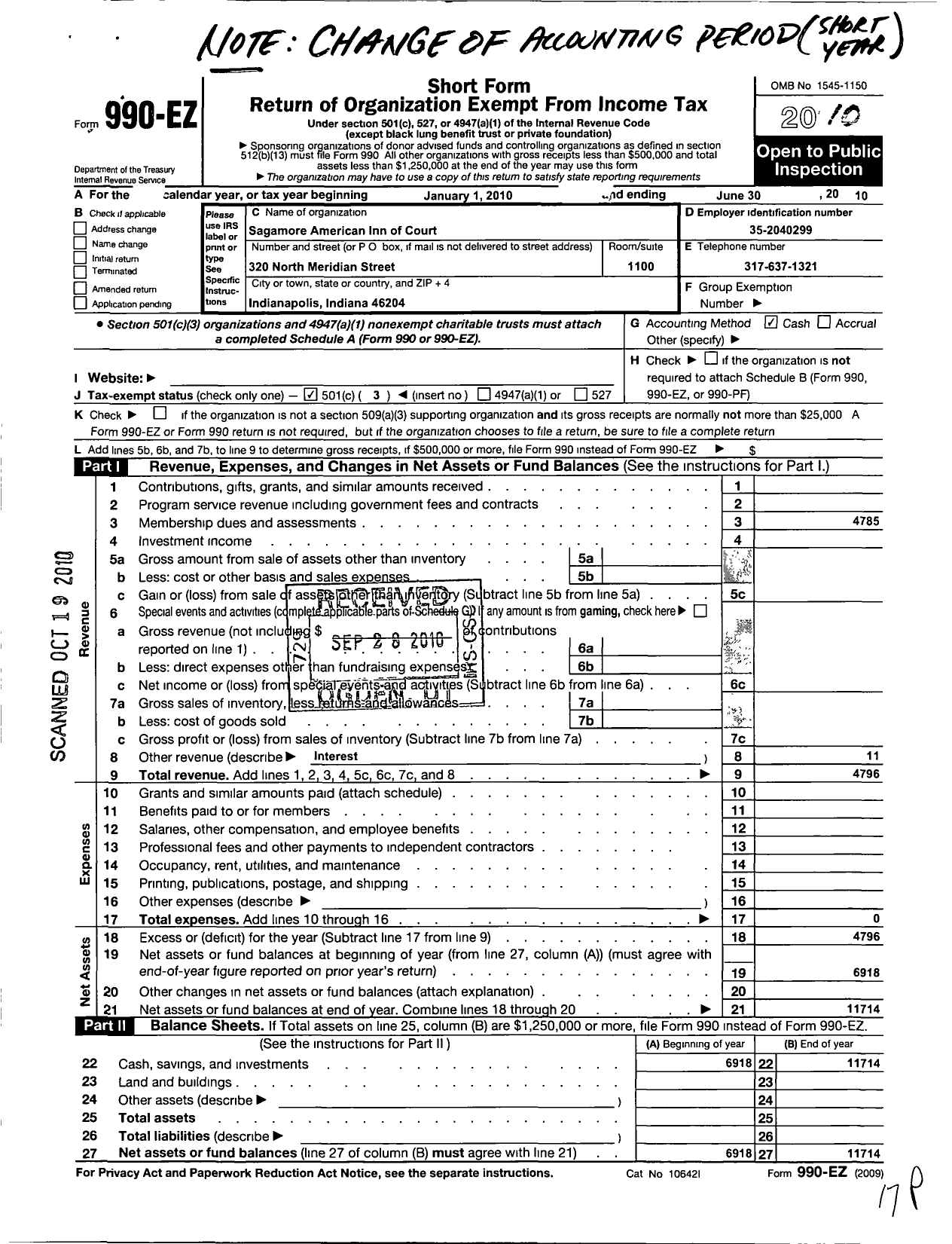 Image of first page of 2009 Form 990EZ for American Inns of Court Foundation - 30314 Sagamore Chapter