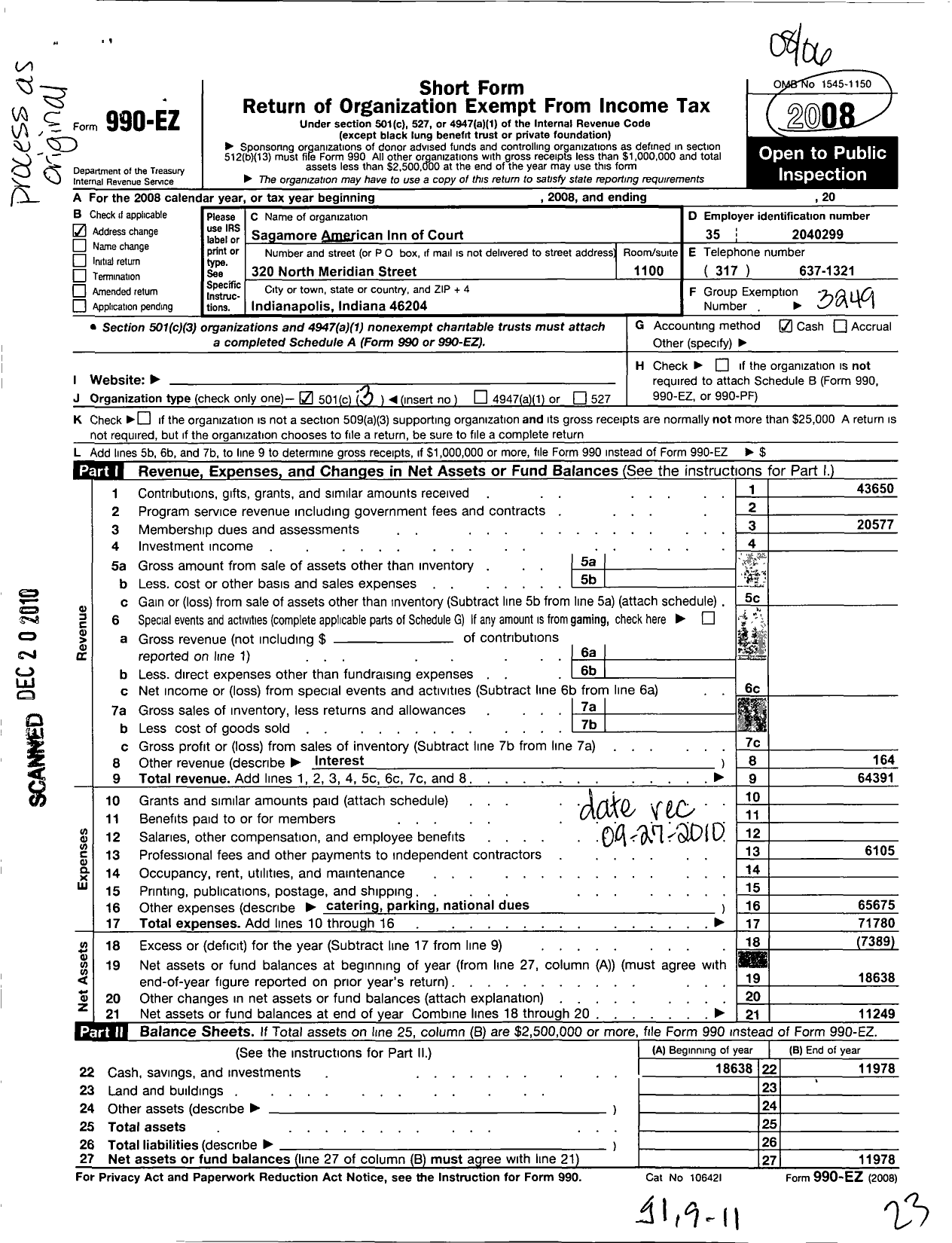 Image of first page of 2008 Form 990EZ for American Inns of Court Foundation - 30314 Sagamore Chapter