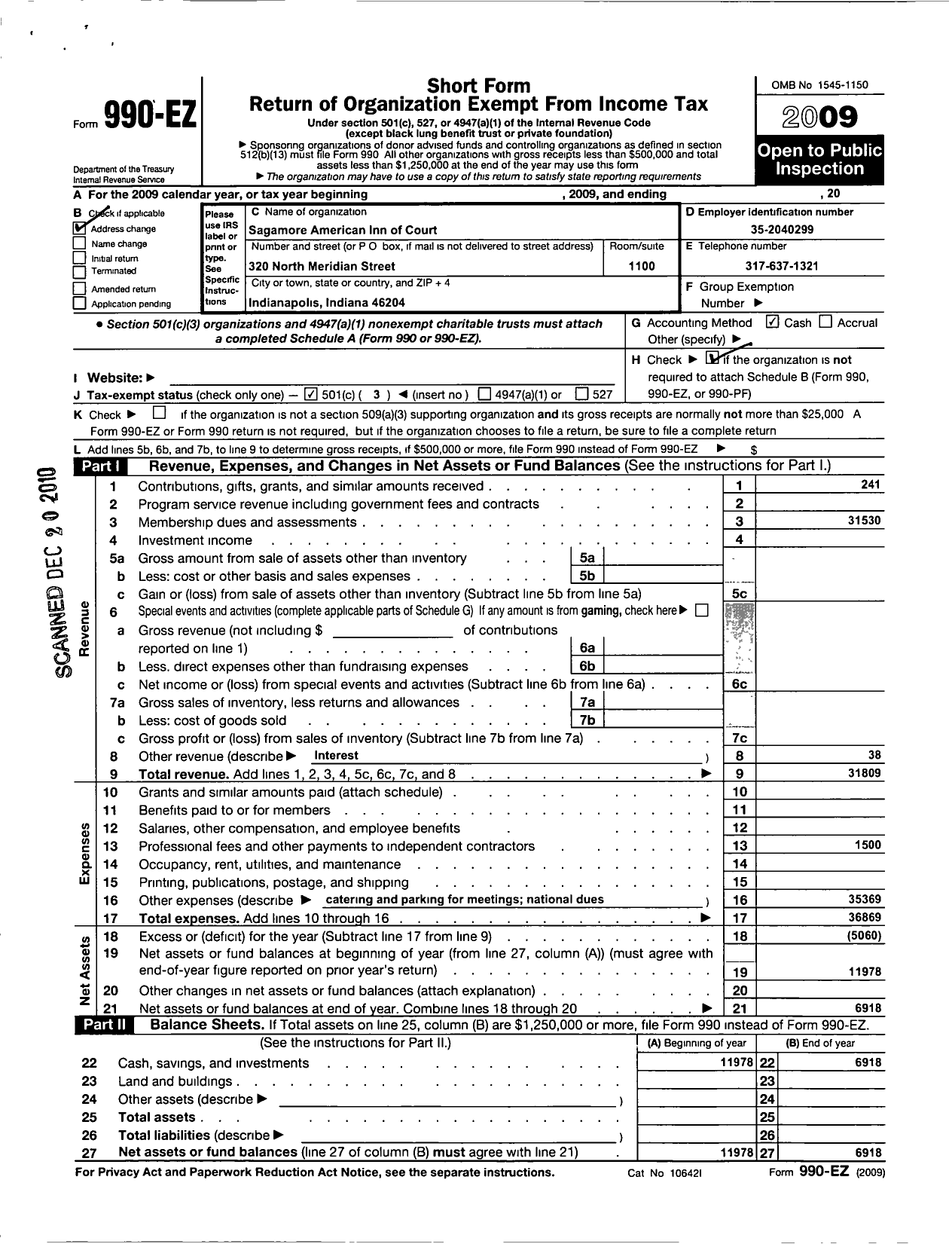 Image of first page of 2009 Form 990EZ for American Inns of Court Foundation - 30314 Sagamore Chapter