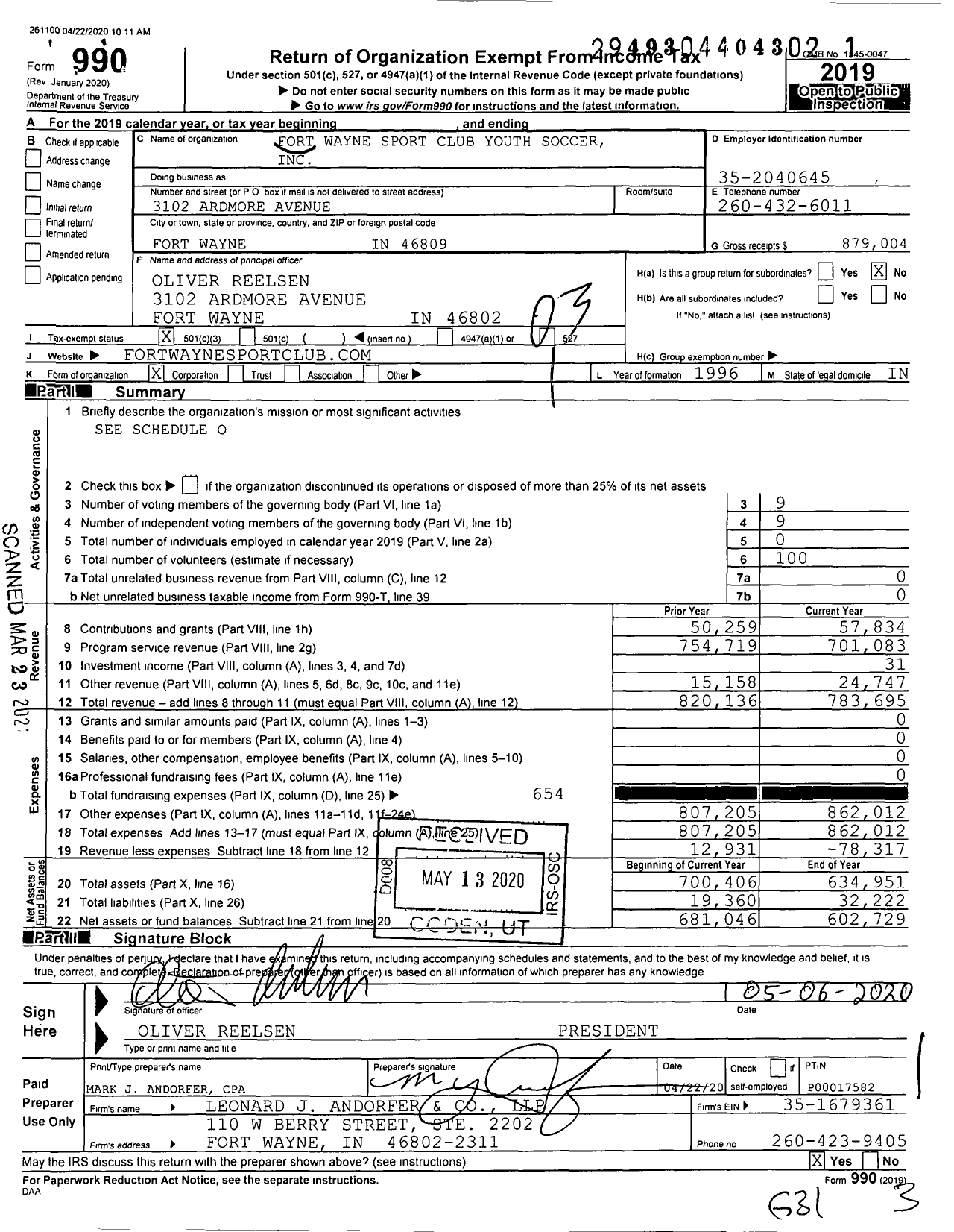 Image of first page of 2019 Form 990 for Fort Wayne Sport Club Youth Soccer