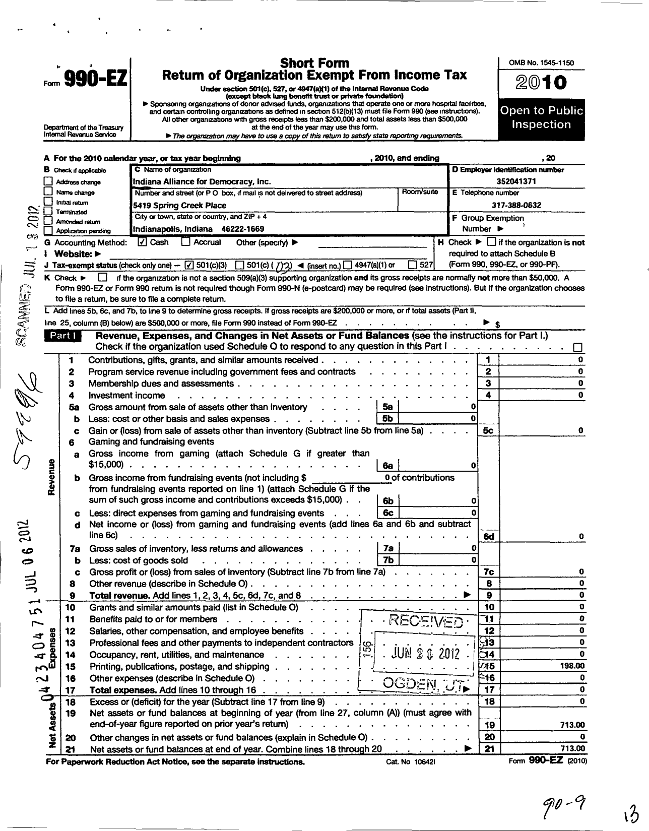 Image of first page of 2010 Form 990EZ for Indiana Alliance for Democracy