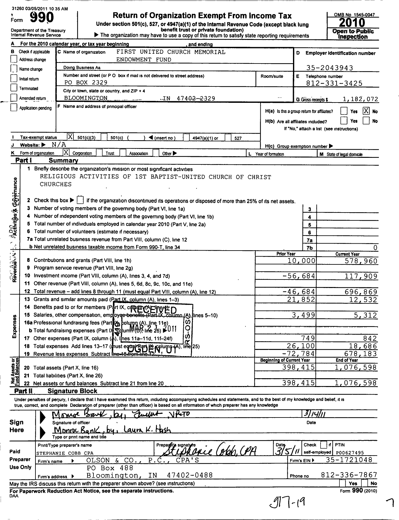 Image of first page of 2010 Form 990 for First United Church Memorial Endowment Fund