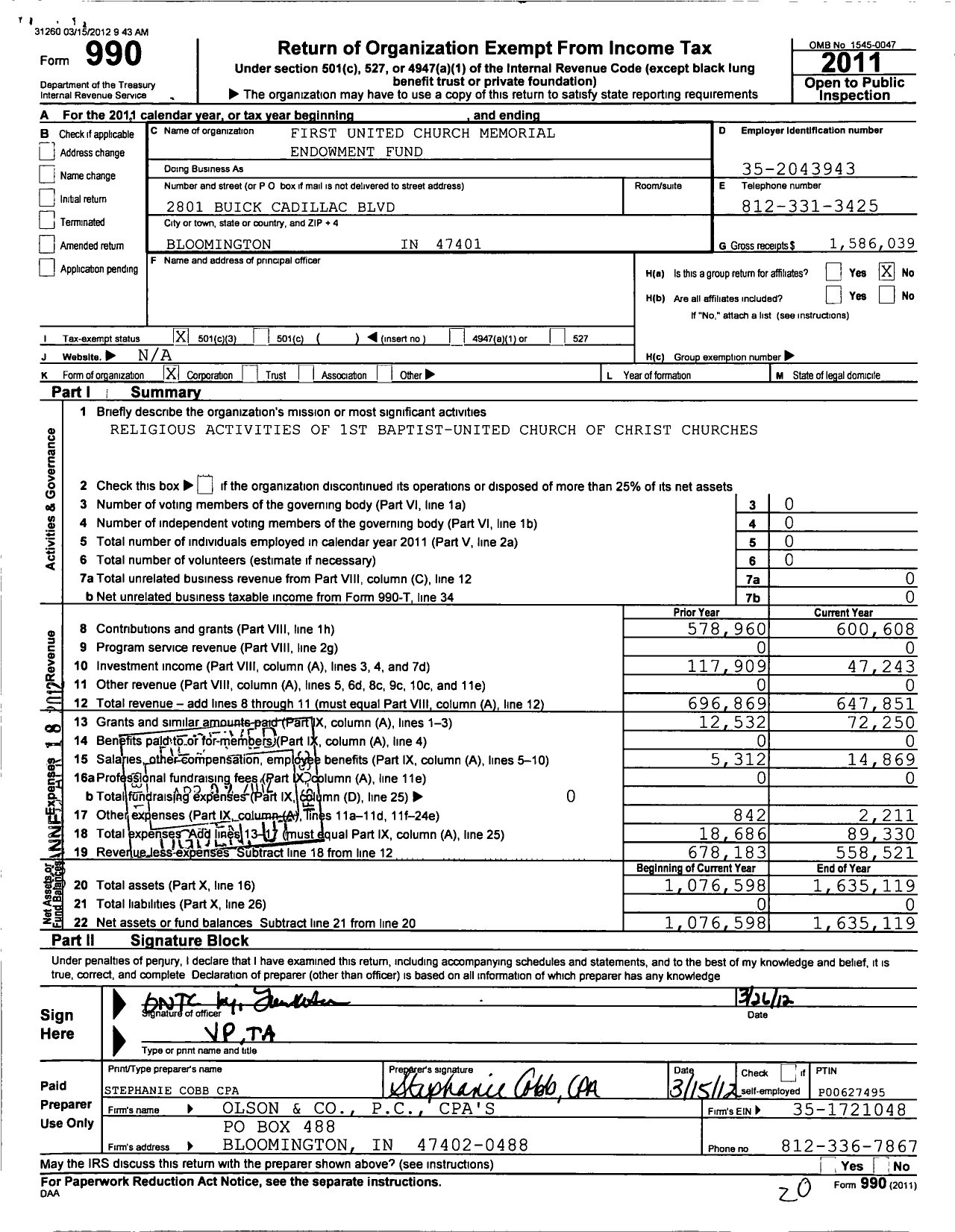 Image of first page of 2011 Form 990 for First United Church Memorial Endowment Fund