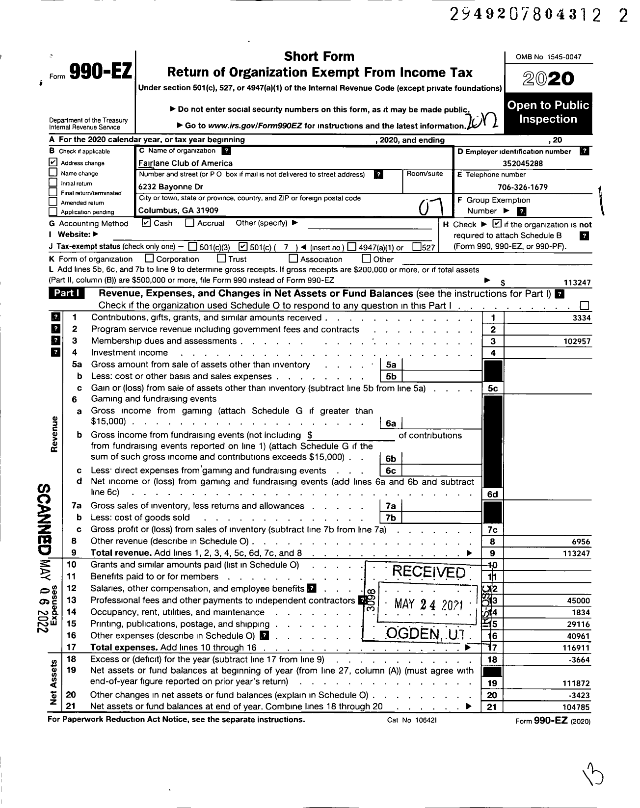 Image of first page of 2020 Form 990EO for Fairlane Club of America