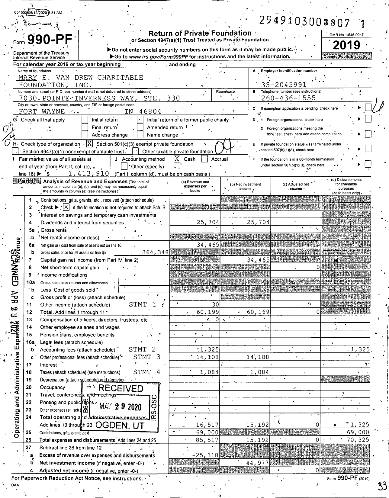 Image of first page of 2019 Form 990PF for Mary E Van Drew Charitable Foundation