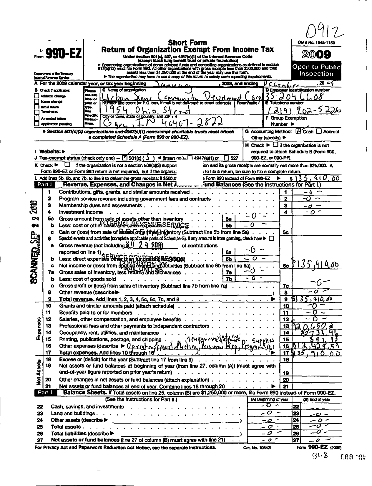 Image of first page of 2009 Form 990EZ for Urban Suns Community Development