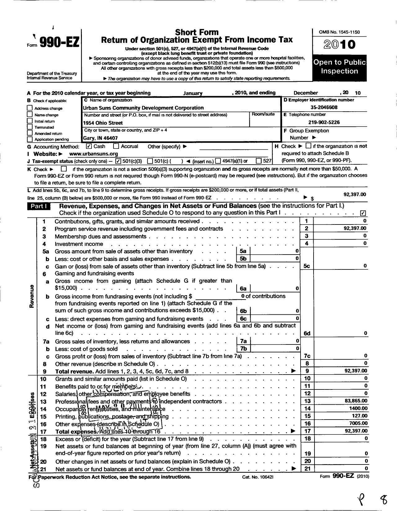 Image of first page of 2010 Form 990EZ for Urban Suns Community Development