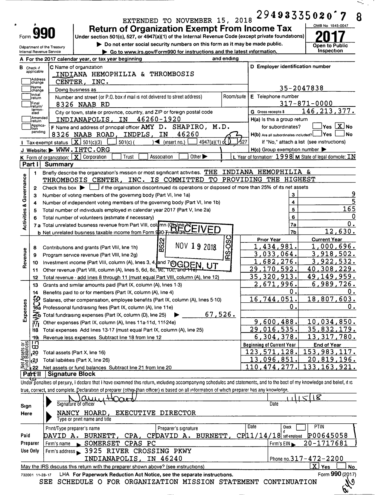 Image of first page of 2017 Form 990 for Indiana Hemophilia and Thrombosis Center (IHTC)