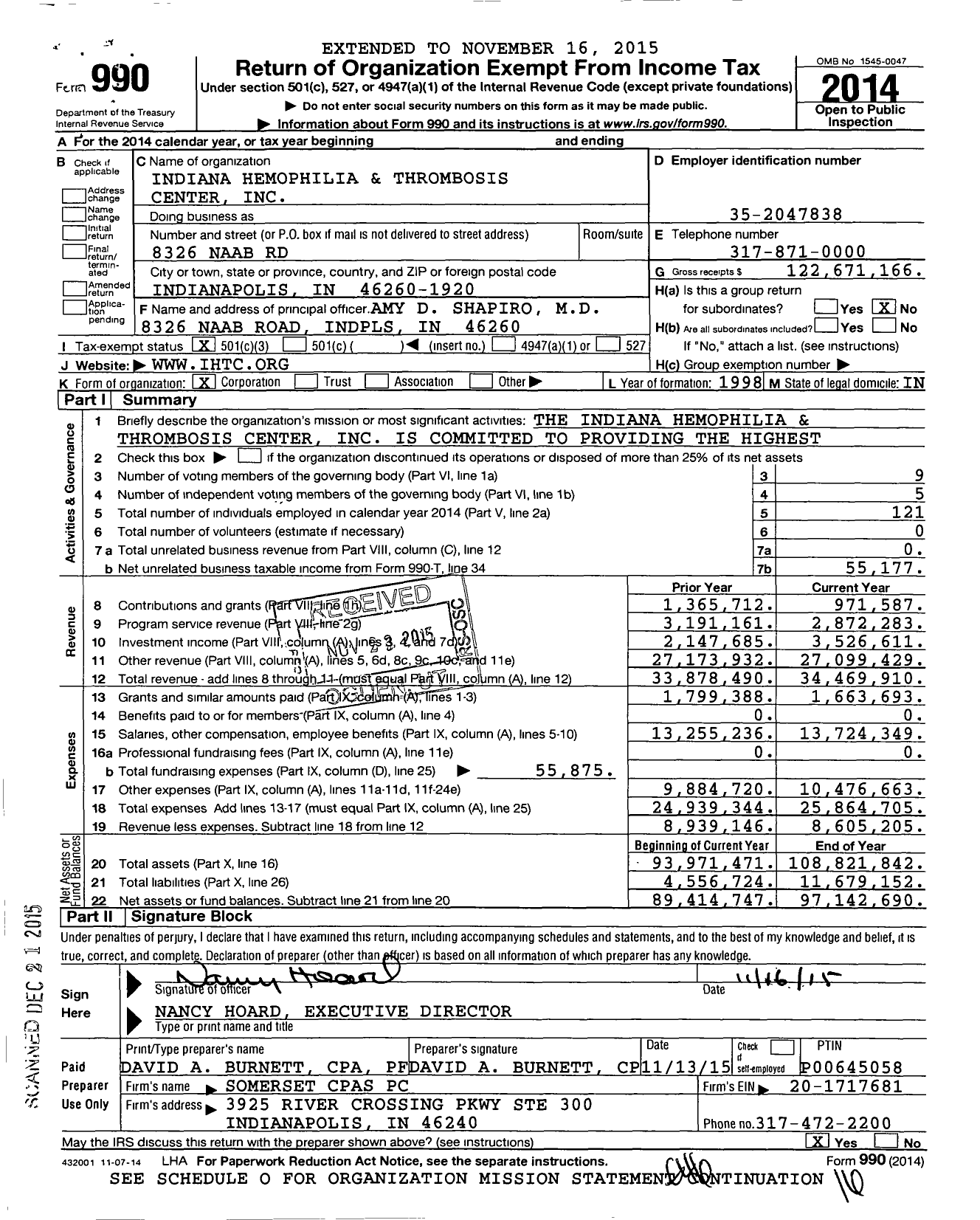 Image of first page of 2014 Form 990 for Indiana Hemophilia and Thrombosis Center (IHTC)