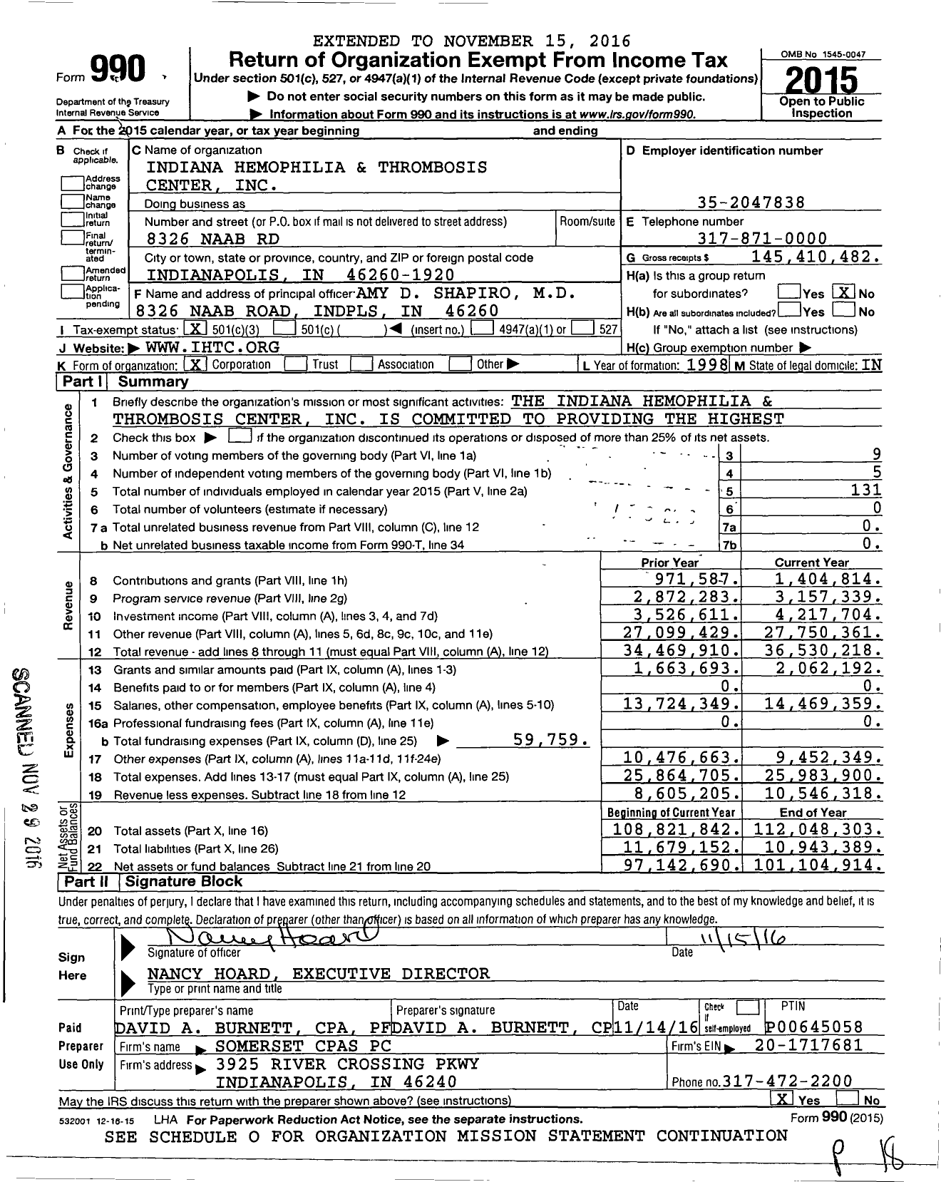 Image of first page of 2015 Form 990 for Indiana Hemophilia and Thrombosis Center (IHTC)