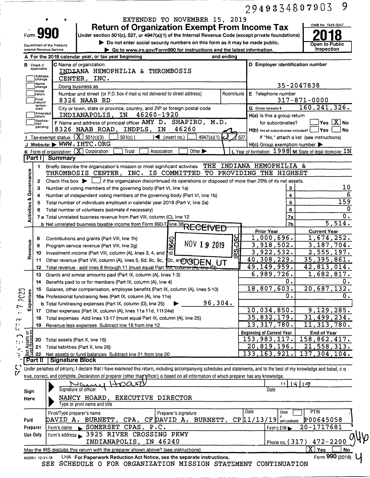 Image of first page of 2018 Form 990 for Indiana Hemophilia and Thrombosis Center (IHTC)