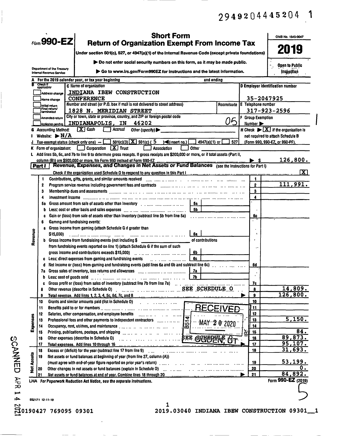 Image of first page of 2019 Form 990EO for Indiana IBEW Construction Conference